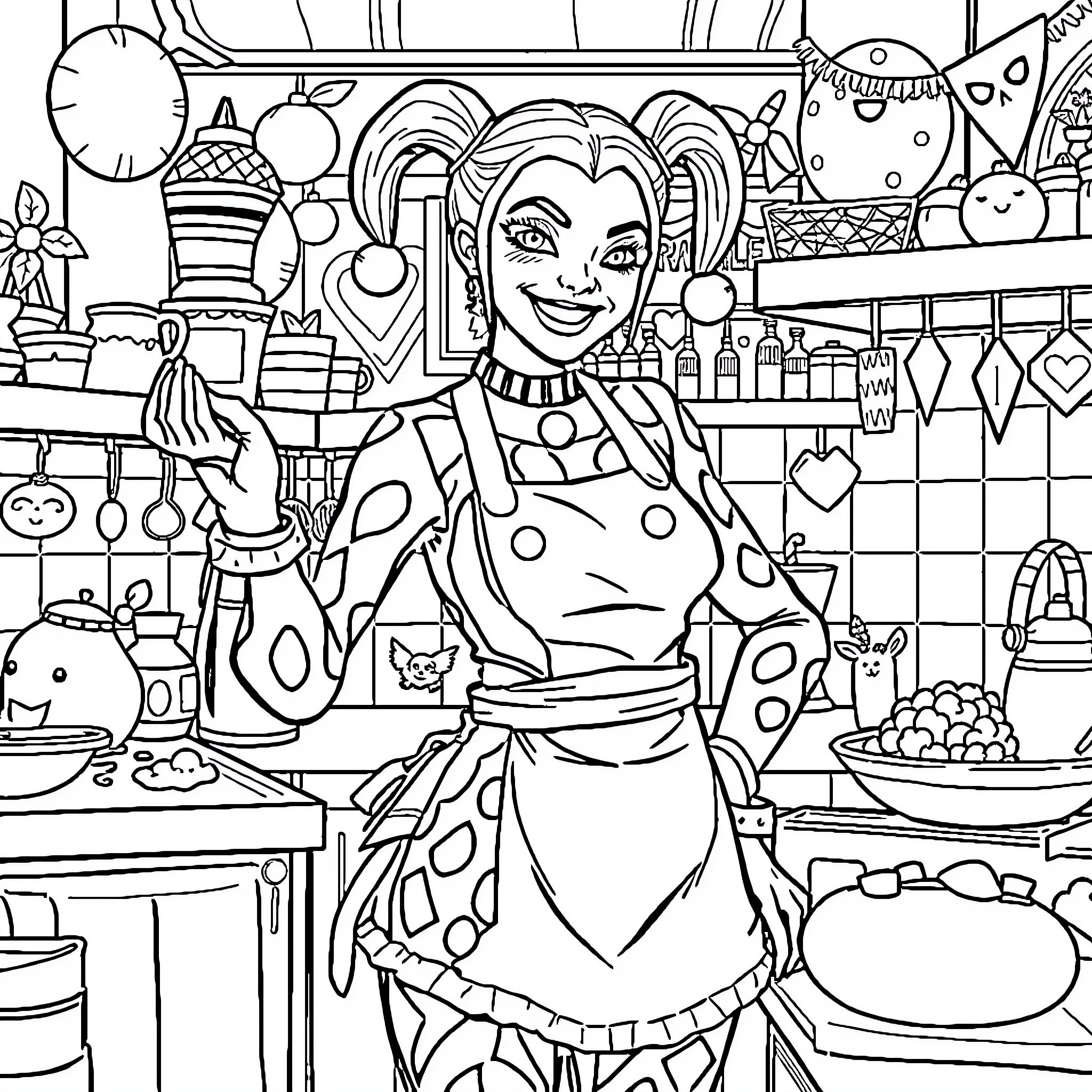 Harley Quinn in a Whimsical Kitchen Scene Coloring Page (free black-and-white line drawing printable PDF for all, from beginners to advanced learners, including children, teens, adults, and seniors)