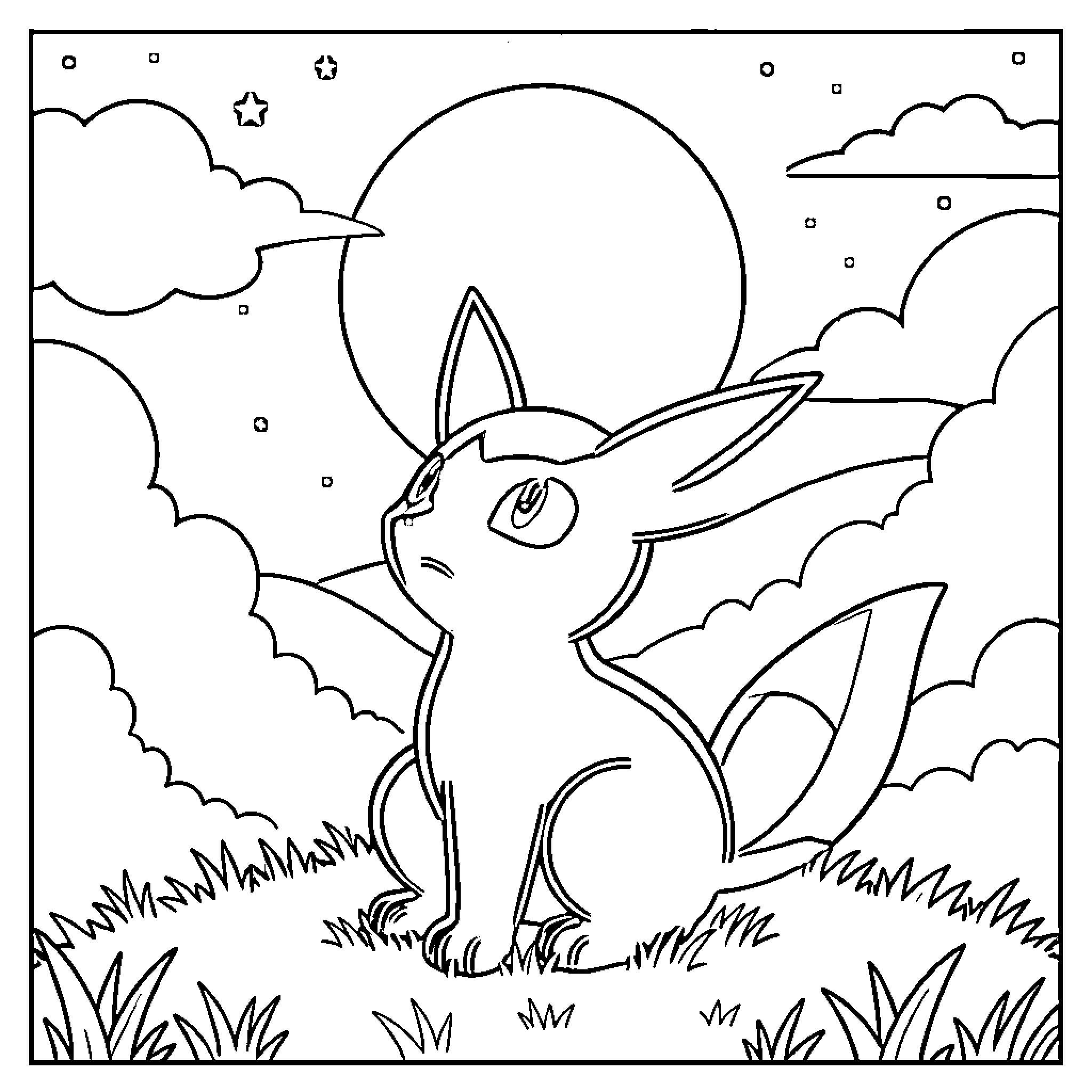 Umbreon under the starry night sky Coloring Page (free black-and-white line drawing printable PDF for all, from beginners to advanced learners, including children, teens, adults, and seniors)