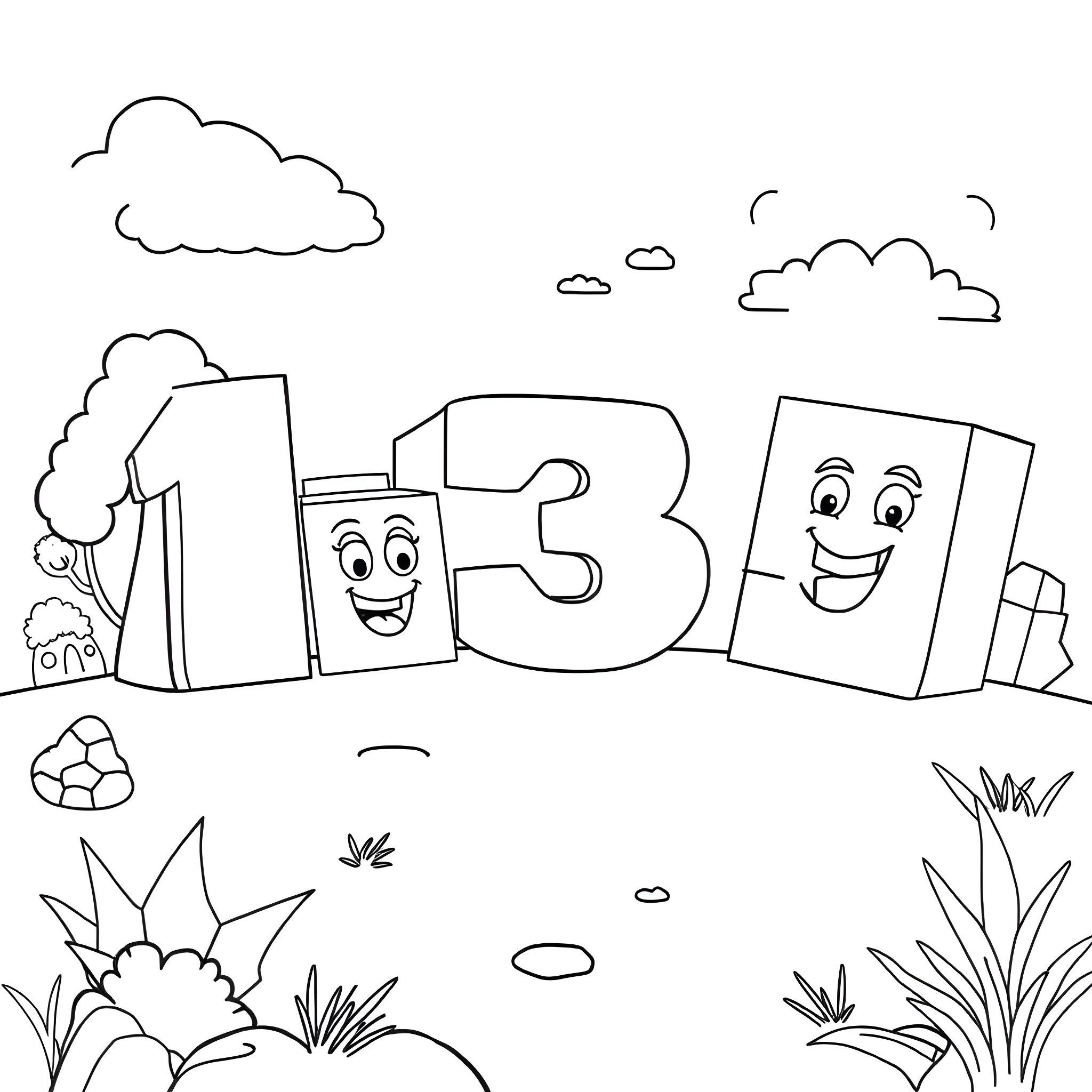 Number 123 Friends Enjoying Nature Coloring Page (free black-and-white line drawing printable PDF for all, from beginners to advanced learners, including children, teens, adults, and seniors)