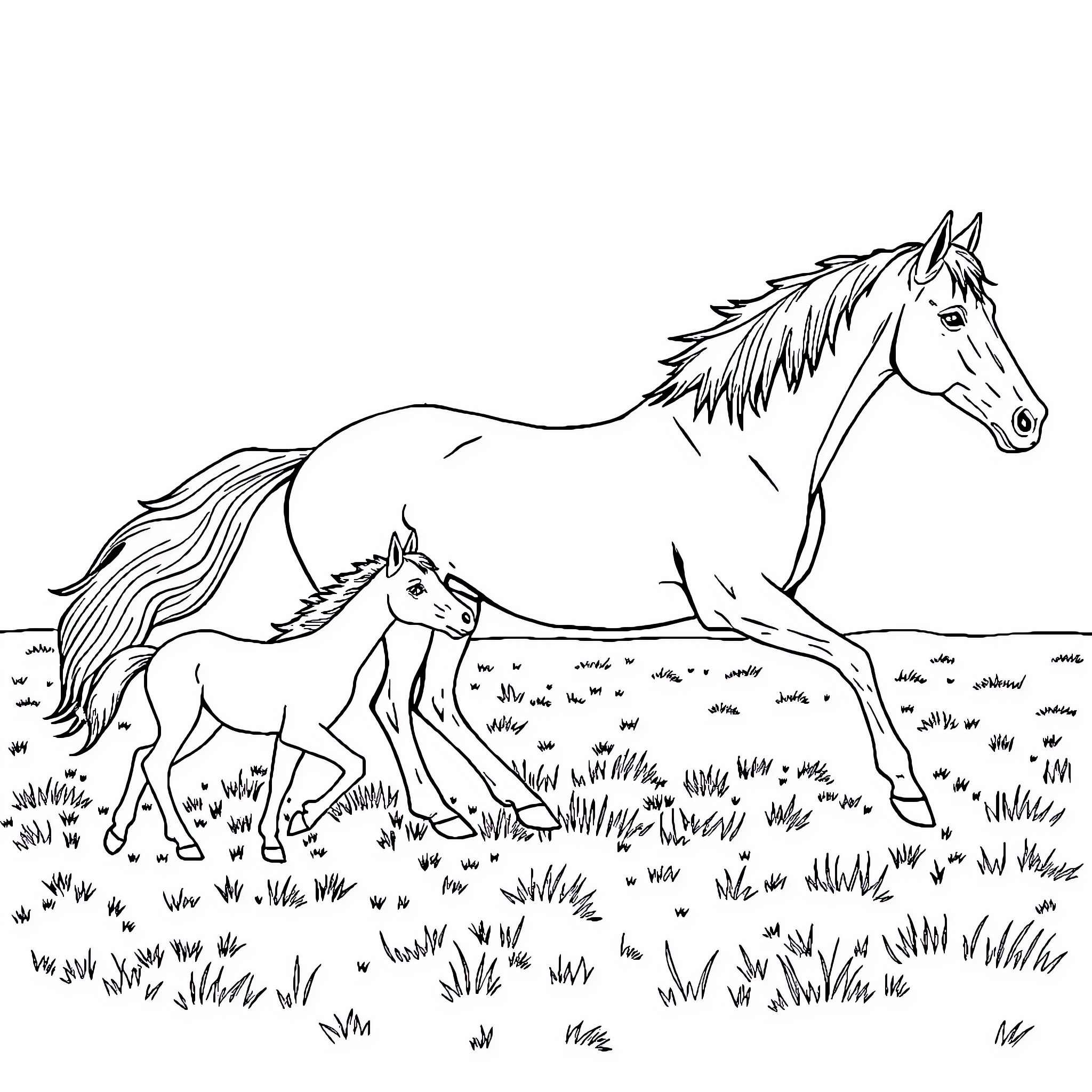 Horse and foal grazing in a meadow Coloring Page (free black-and-white line drawing printable PDF for all, from beginners to advanced learners, including children, teens, adults, and seniors)