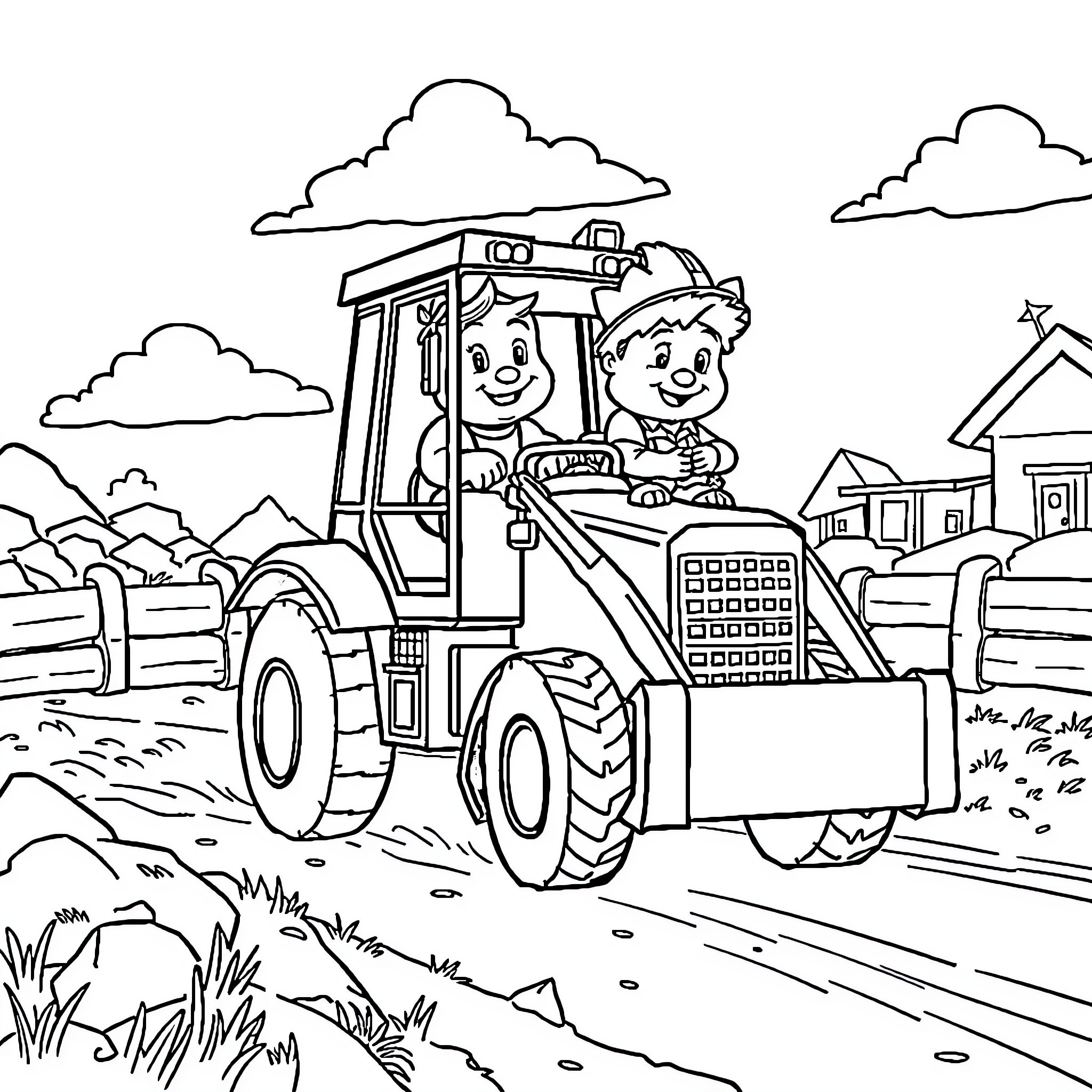 Front Loader Tractor Driving on a Country Road Coloring Page (free black-and-white line drawing printable PDF for all, from beginners to advanced learners, including children, teens, adults, and seniors)