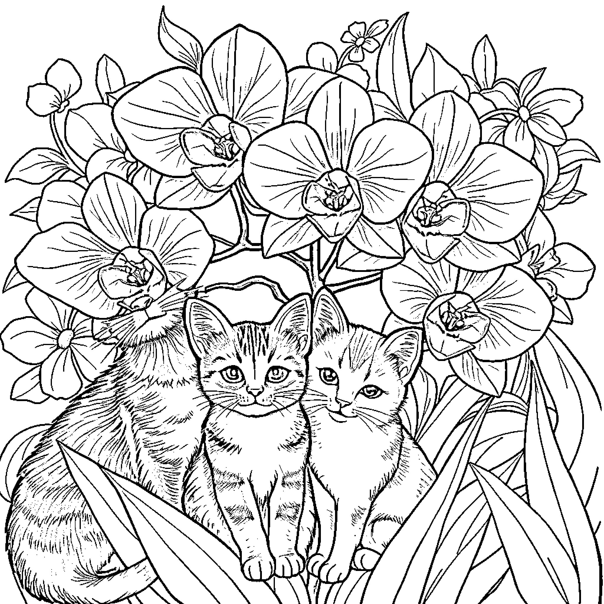 Orchid flowers and playful kittens Coloring Page (free black-and-white line drawing printable PDF for all, from beginners to advanced learners, including children, teens, adults, and seniors)