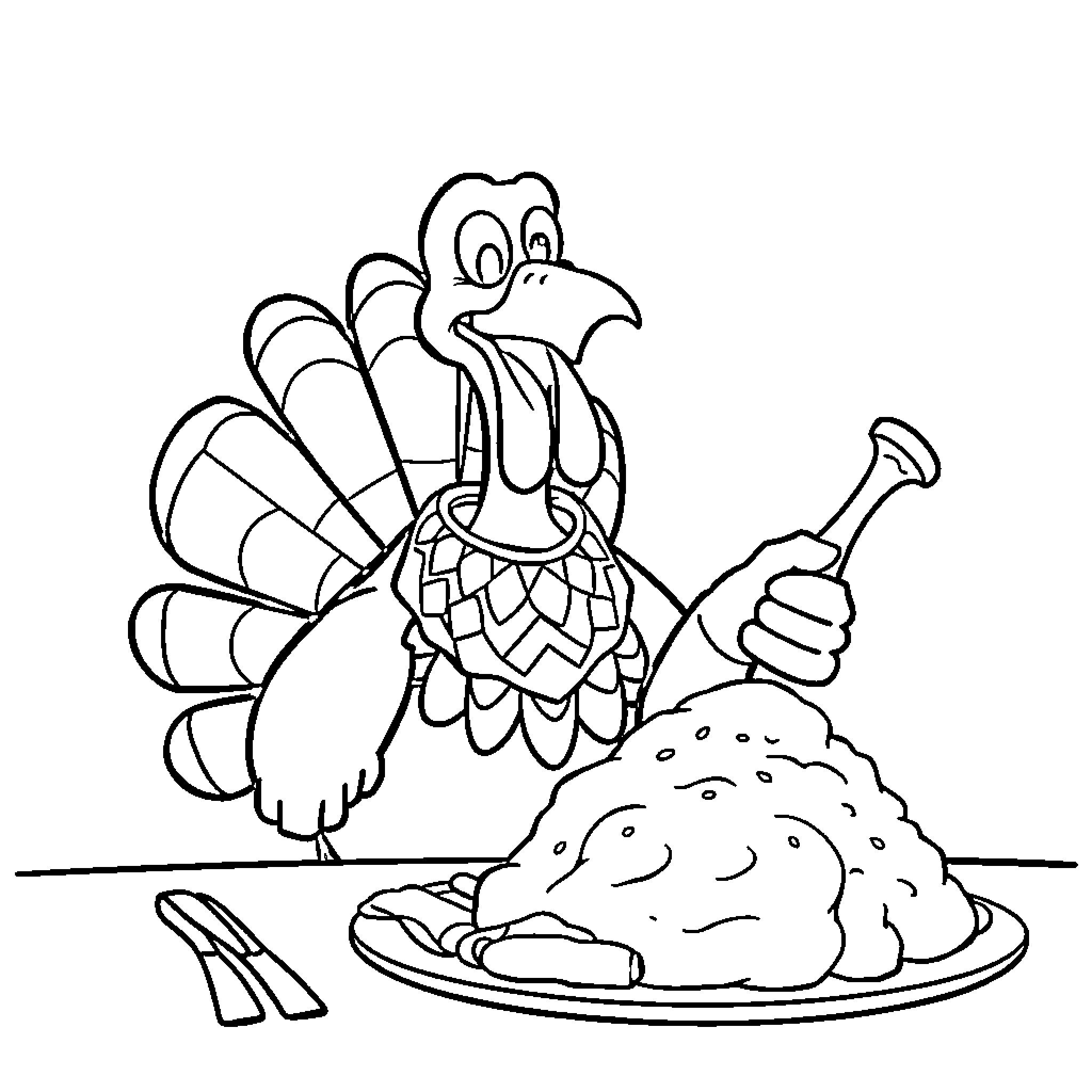 Turkey serving up a Thanksgiving feast Coloring Page (free black-and-white line drawing printable PDF for all, from beginners to advanced learners, including children, teens, adults, and seniors)