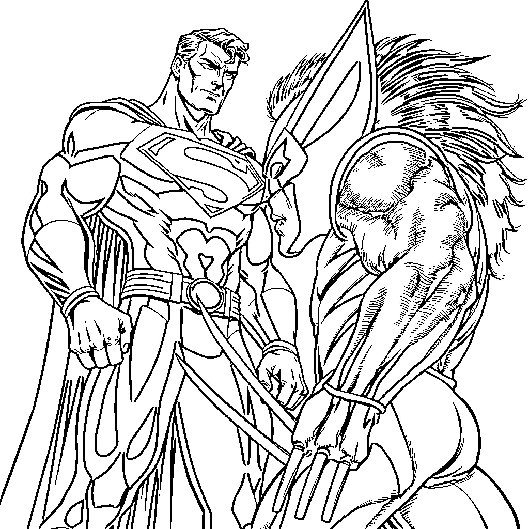 Superman fighting with a powerful enemy Coloring Page (free black-and-white line drawing printable PDF for all, from beginners to advanced learners, including children, teens, adults, and seniors)