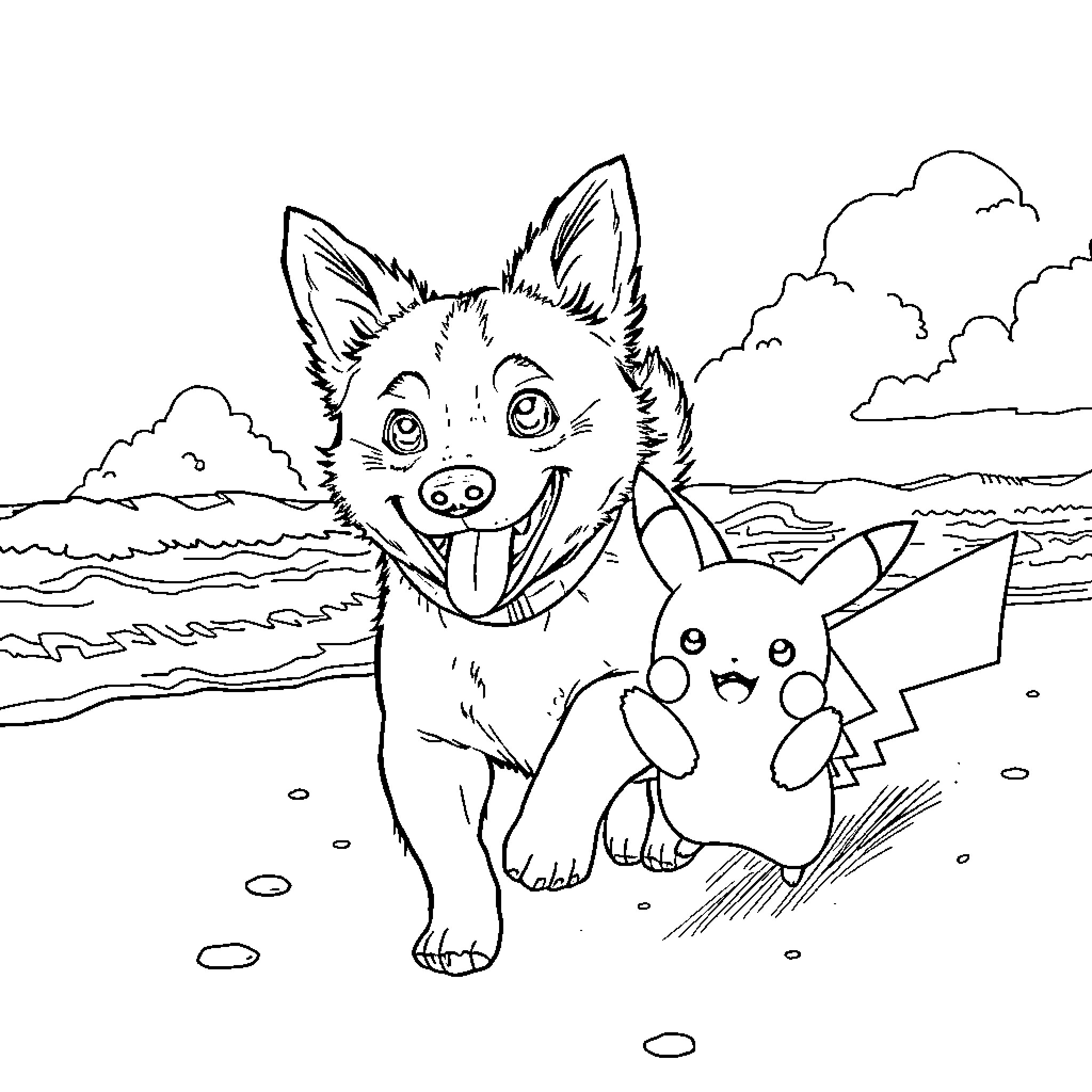 Dog playing with Pokémon on the beach Coloring Page (free black-and-white line drawing printable PDF for all, from beginners to advanced learners, including children, teens, adults, and seniors)