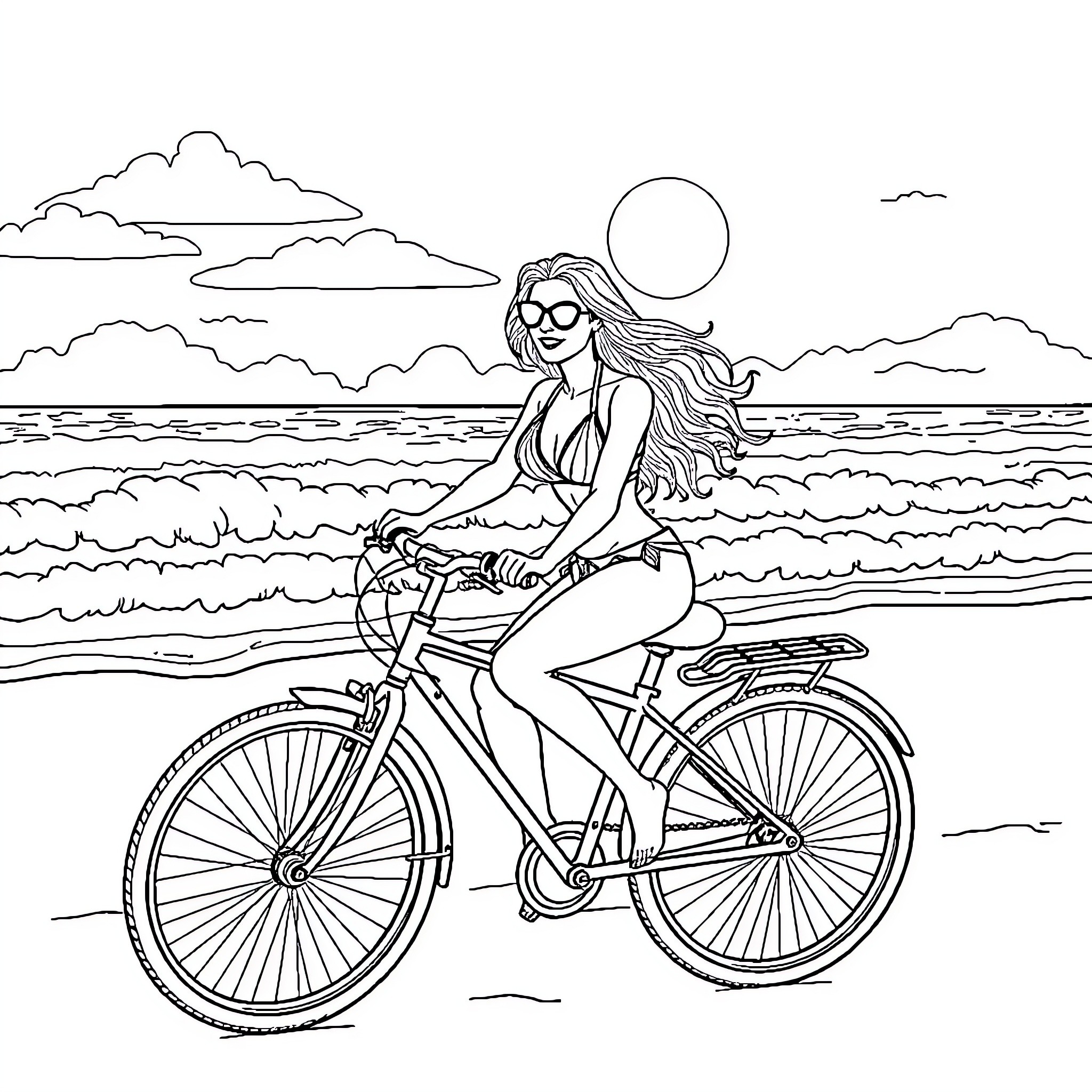 Woman enjoying scenic bike ride along the beach Coloring Page (free black-and-white line drawing printable PDF for all, from beginners to advanced learners, including children, teens, adults, and seniors)