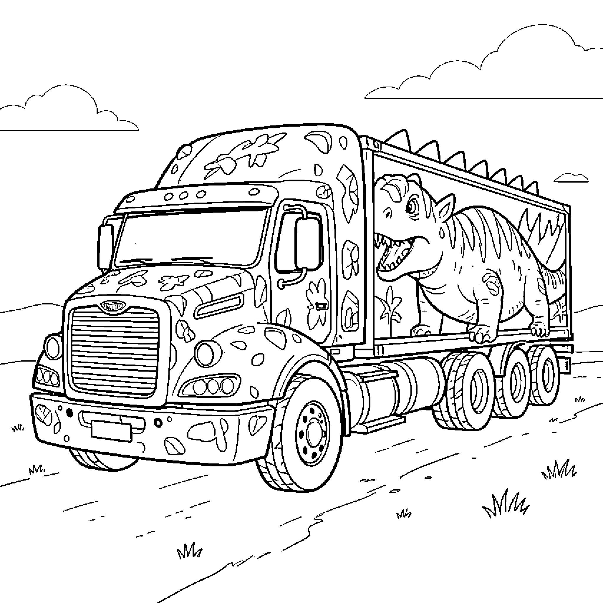 Dino Truck carrying a happy dinosaur in its trailer Coloring Page (free black-and-white line drawing printable PDF for all, from beginners to advanced learners, including children, teens, adults, and seniors)