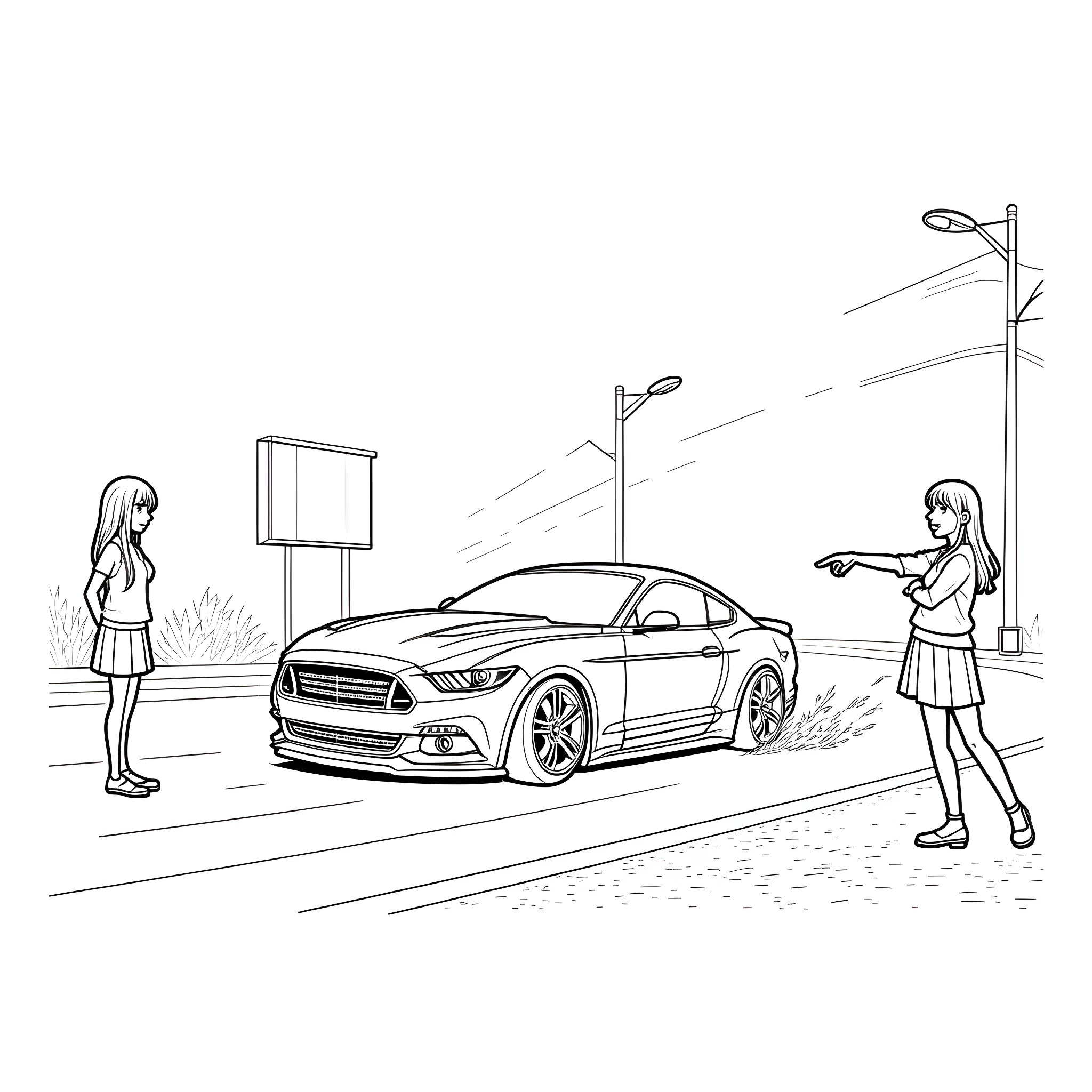 Mustang sports car on the street with people Coloring Page (free black-and-white line drawing printable PDF for all, from beginners to advanced learners, including children, teens, adults, and seniors)