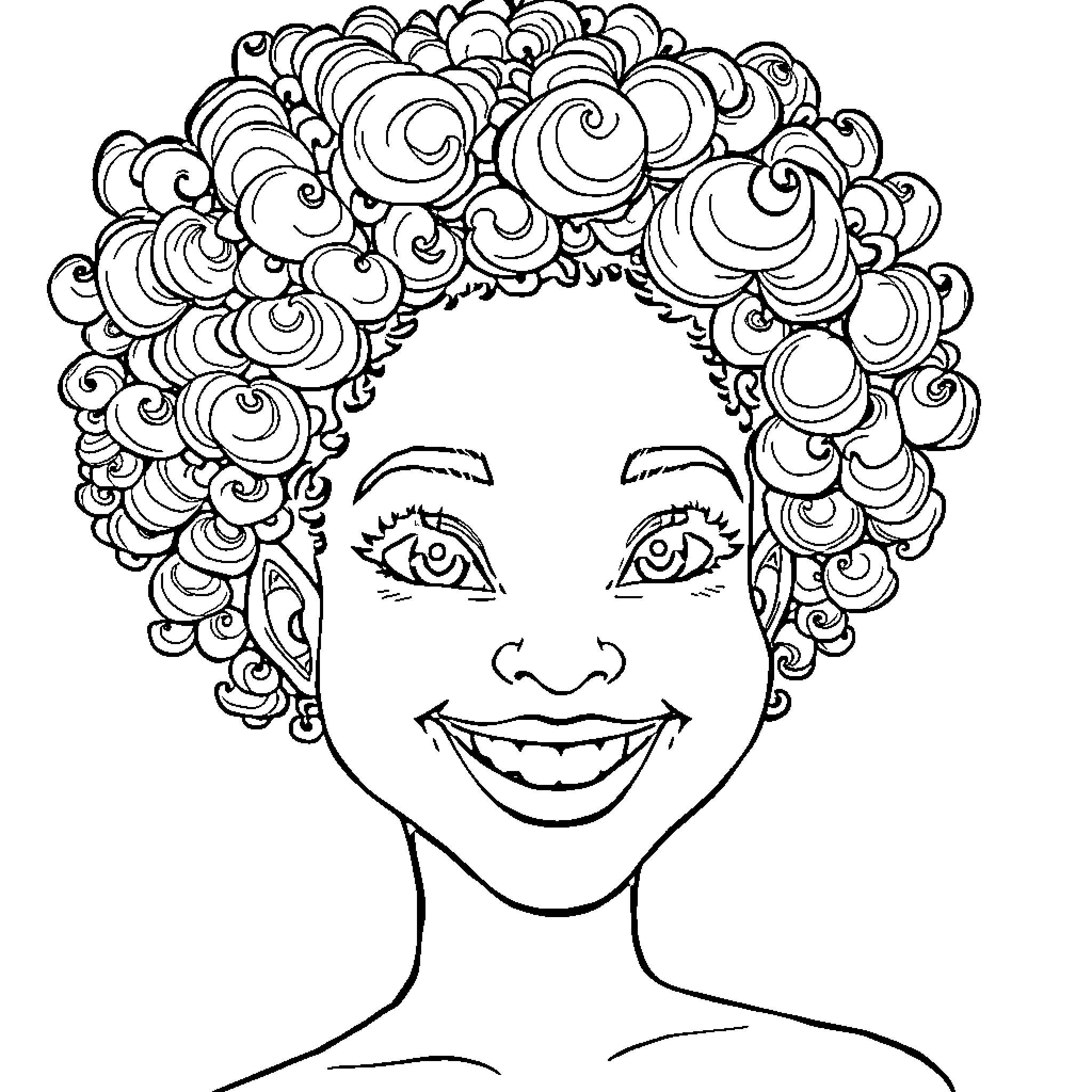Girl with Vibrant Curly Hair Coloring Page (free black-and-white line drawing printable PDF for all, from beginners to advanced learners, including children, teens, adults, and seniors)