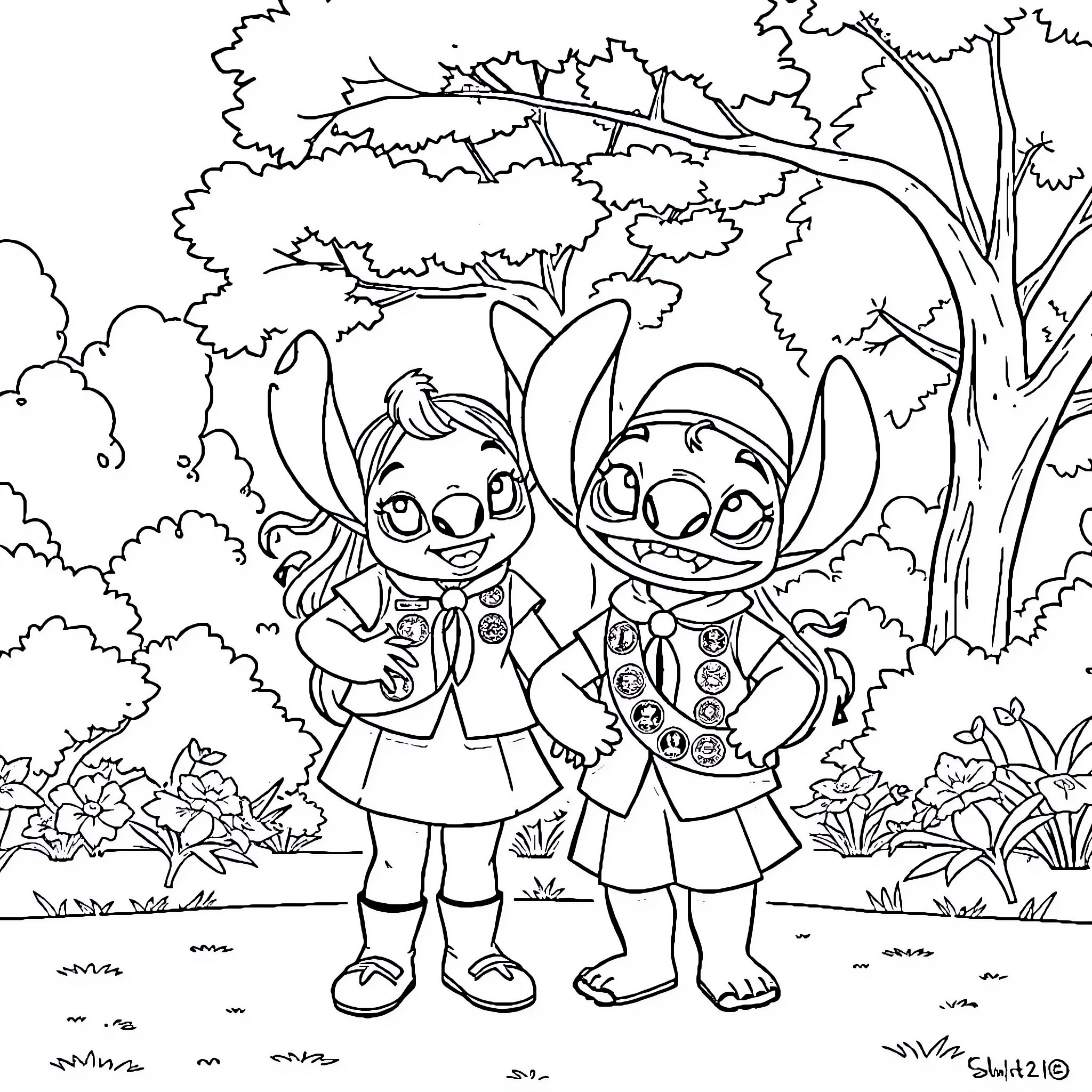 Lilo and Stitch's Adventure in the Forest Coloring Page (free black-and-white line drawing printable PDF for all, from beginners to advanced learners, including children, teens, adults, and seniors)