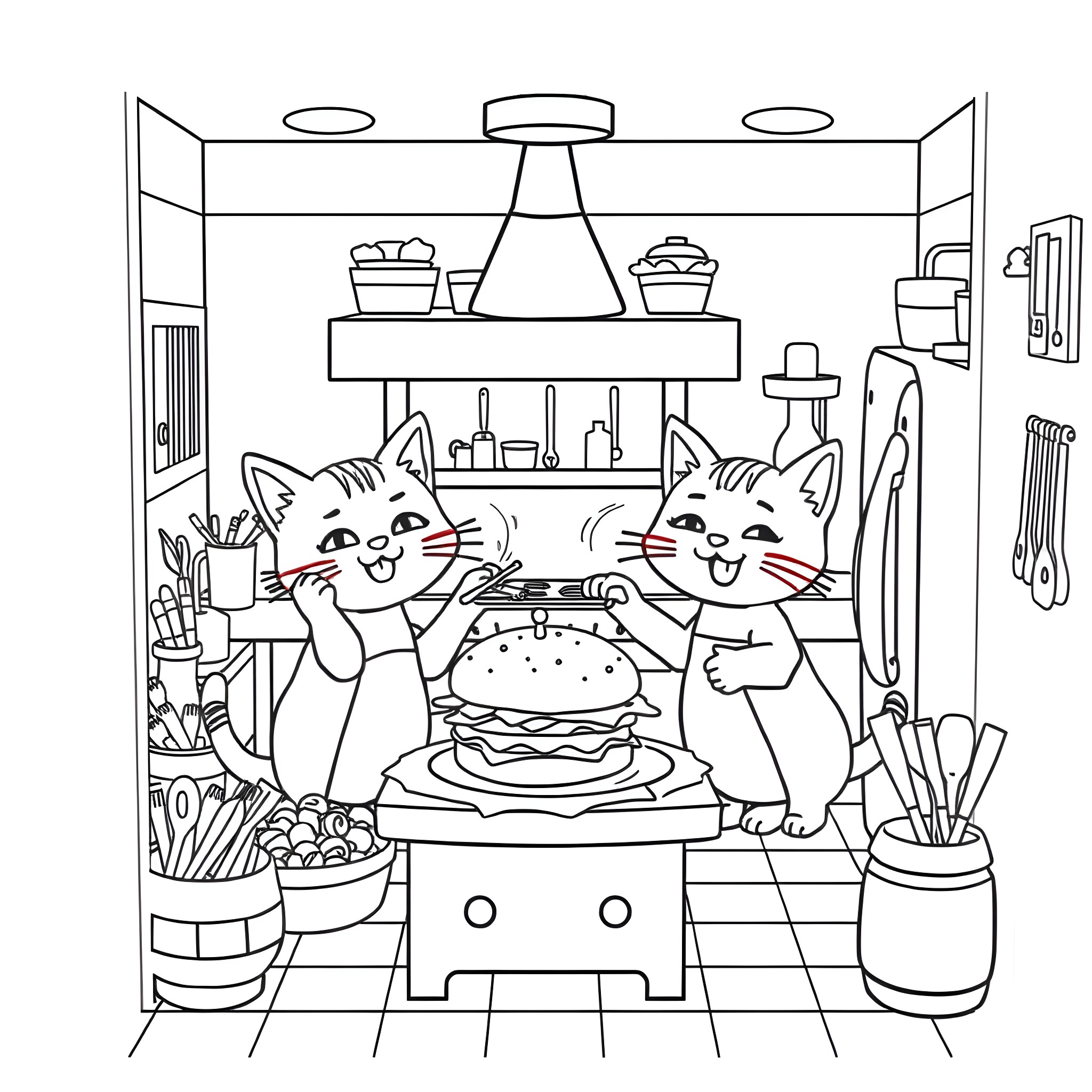 Gabby's Dollhouse - Cats baking in a cozy kitchen Coloring Page (free black-and-white line drawing printable PDF for all, from beginners to advanced learners, including children, teens, adults, and seniors)
