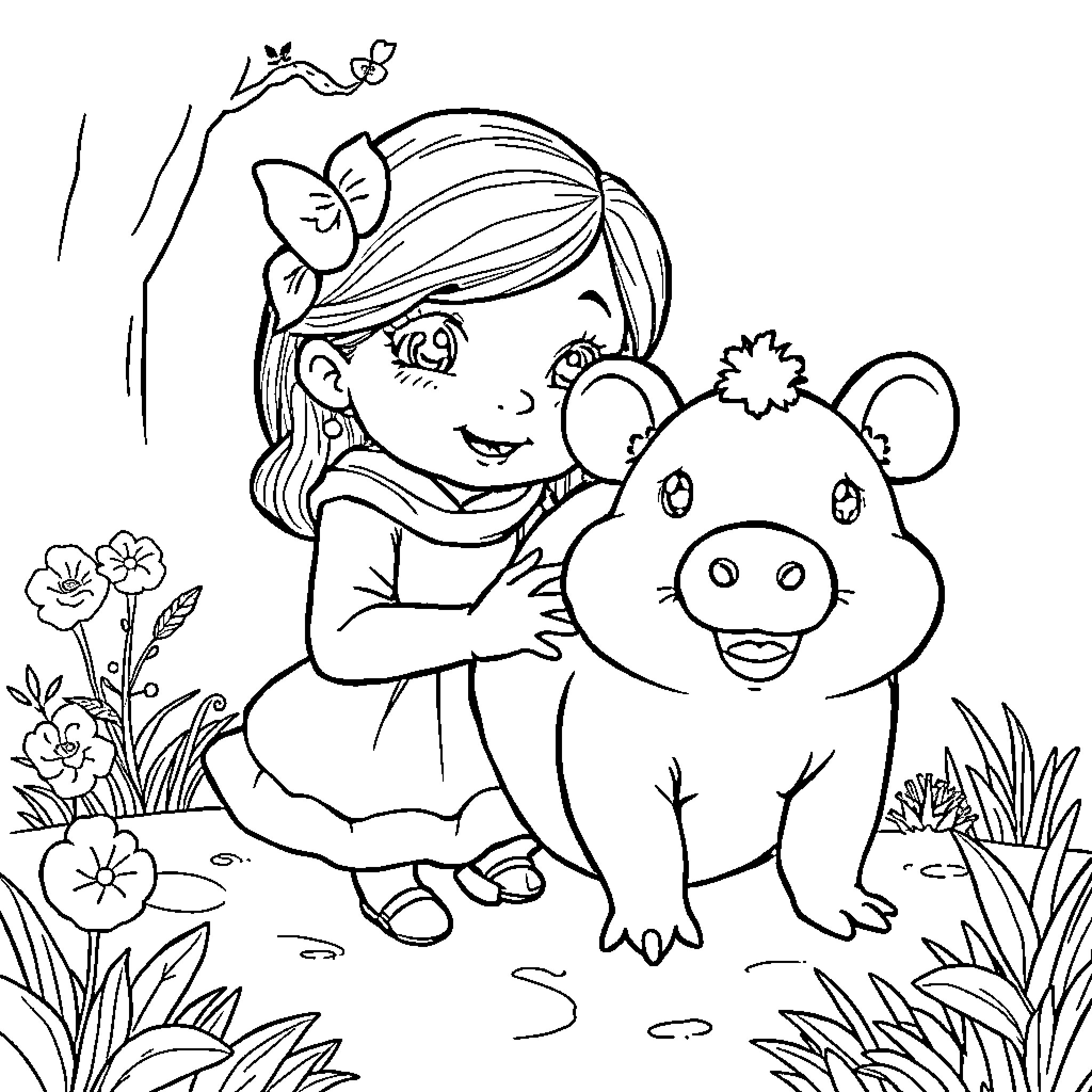 Pig-tailed girl hugging a piglet in the garden Coloring Page (free black-and-white line drawing printable PDF for all, from beginners to advanced learners, including children, teens, adults, and seniors)