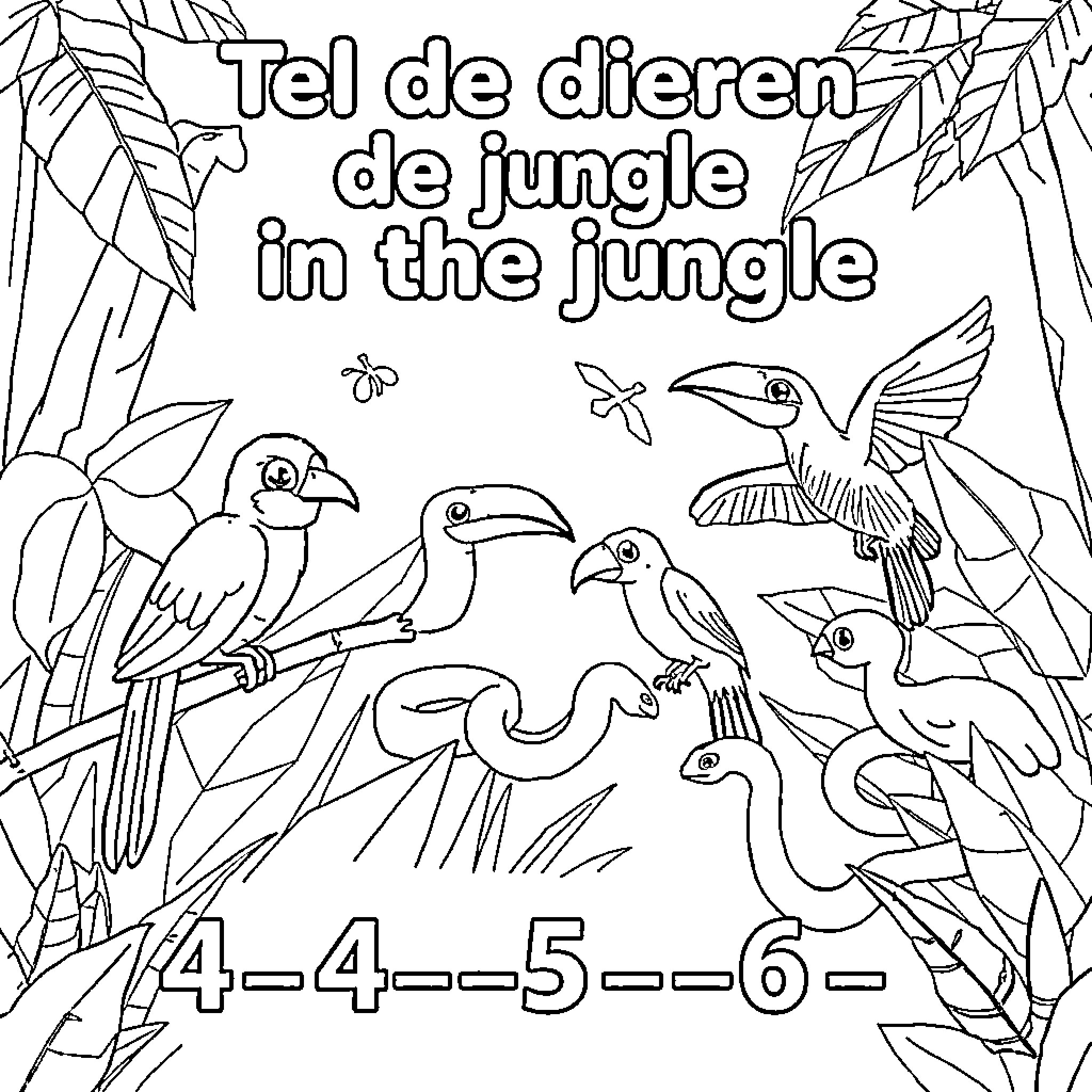 Animal Coloring Page with Jungle Creatures Coloring Page (free black-and-white line drawing printable PDF for all, from beginners to advanced learners, including children, teens, adults, and seniors)