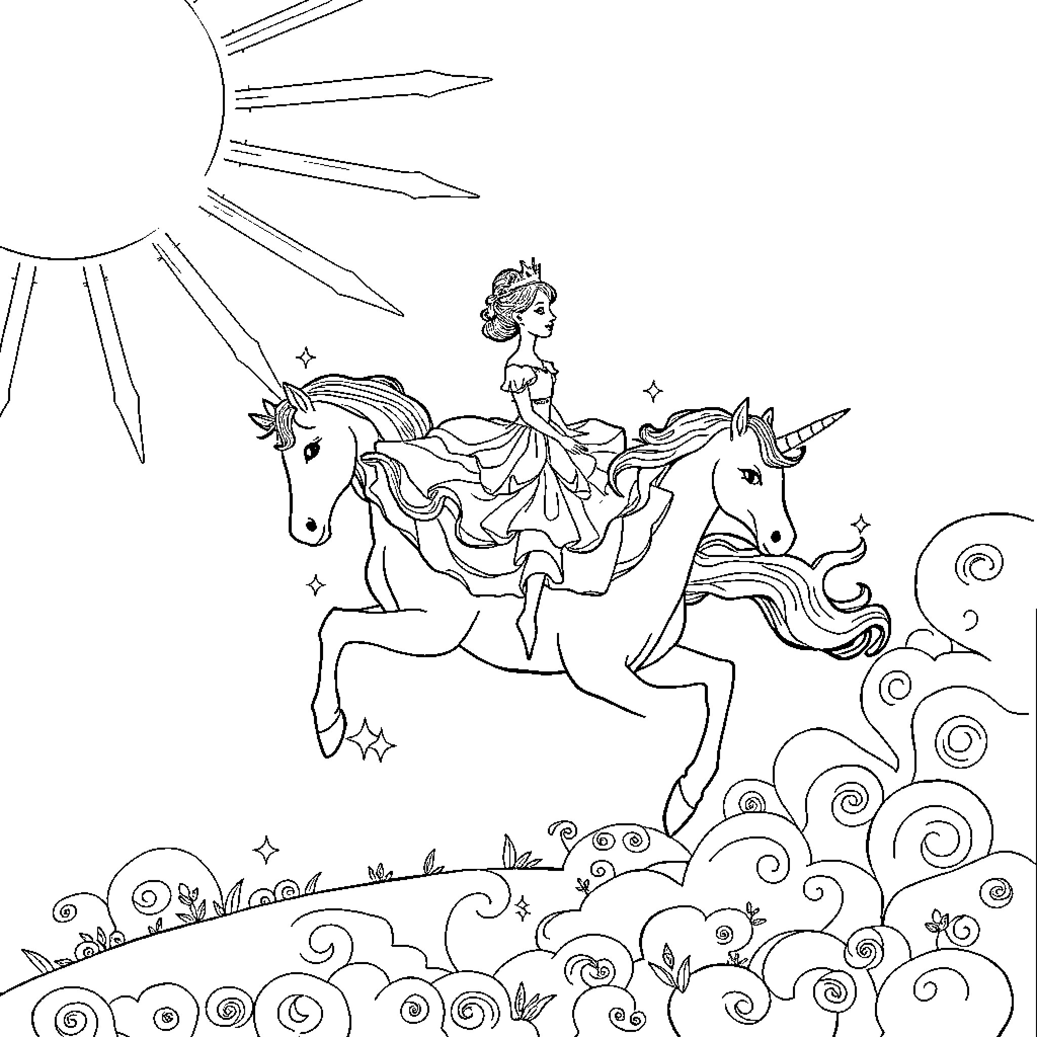 Ballerina riding unicorns in a fantastical scene Coloring Page (free black-and-white line drawing printable PDF for all, from beginners to advanced learners, including children, teens, adults, and seniors)