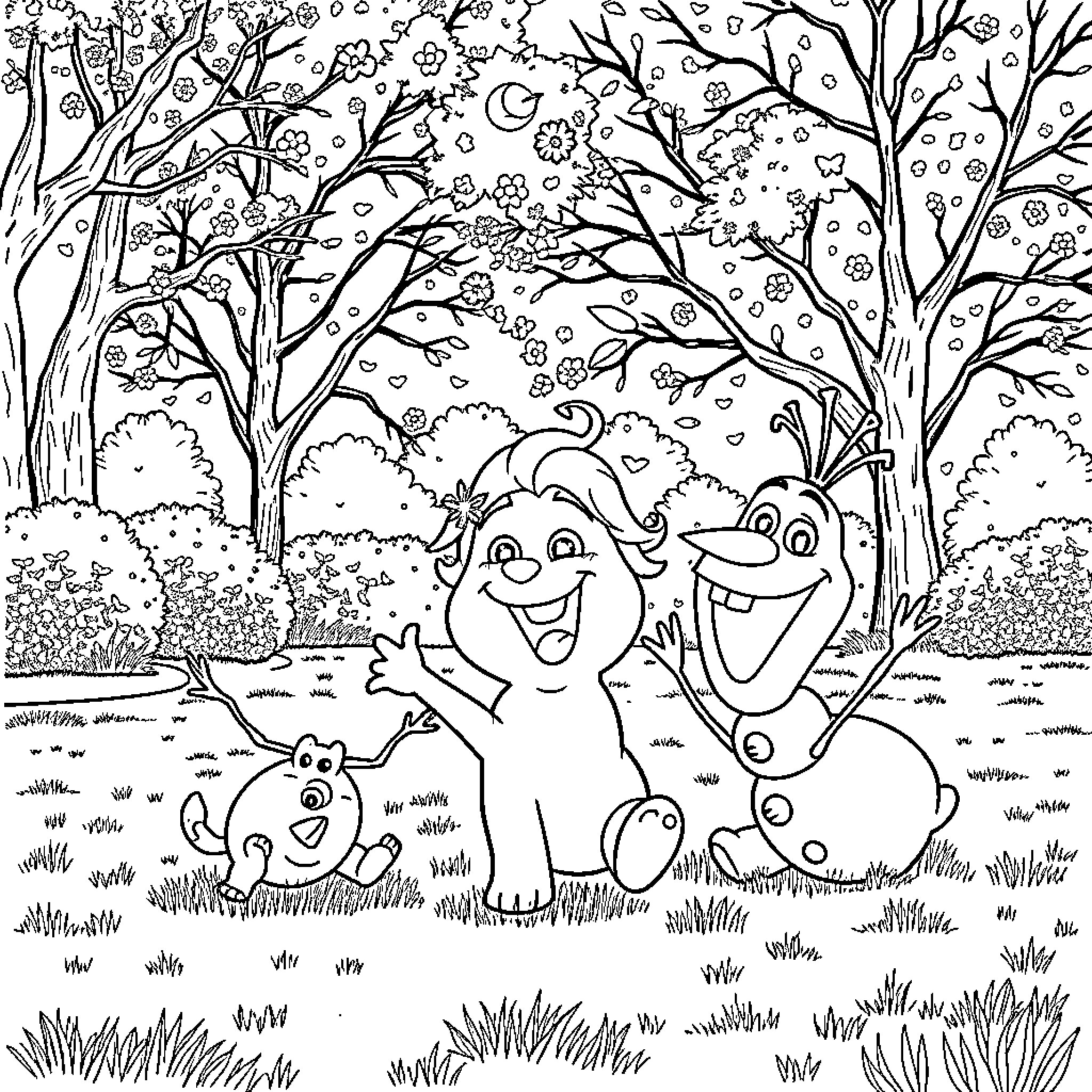 Puppy friends having fun in the snowy forest Coloring Page (free black-and-white line drawing printable PDF for all, from beginners to advanced learners, including children, teens, adults, and seniors)