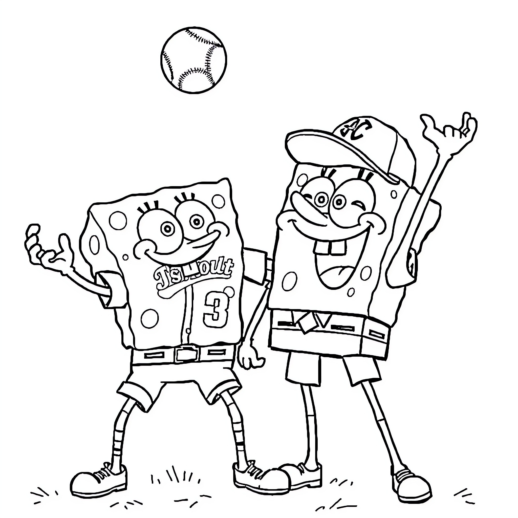 Mike Trout and SpongeBob SquarePants playing baseball Coloring Page (free black-and-white line drawing printable PDF for all, from beginners to advanced learners, including children, teens, adults, and seniors)