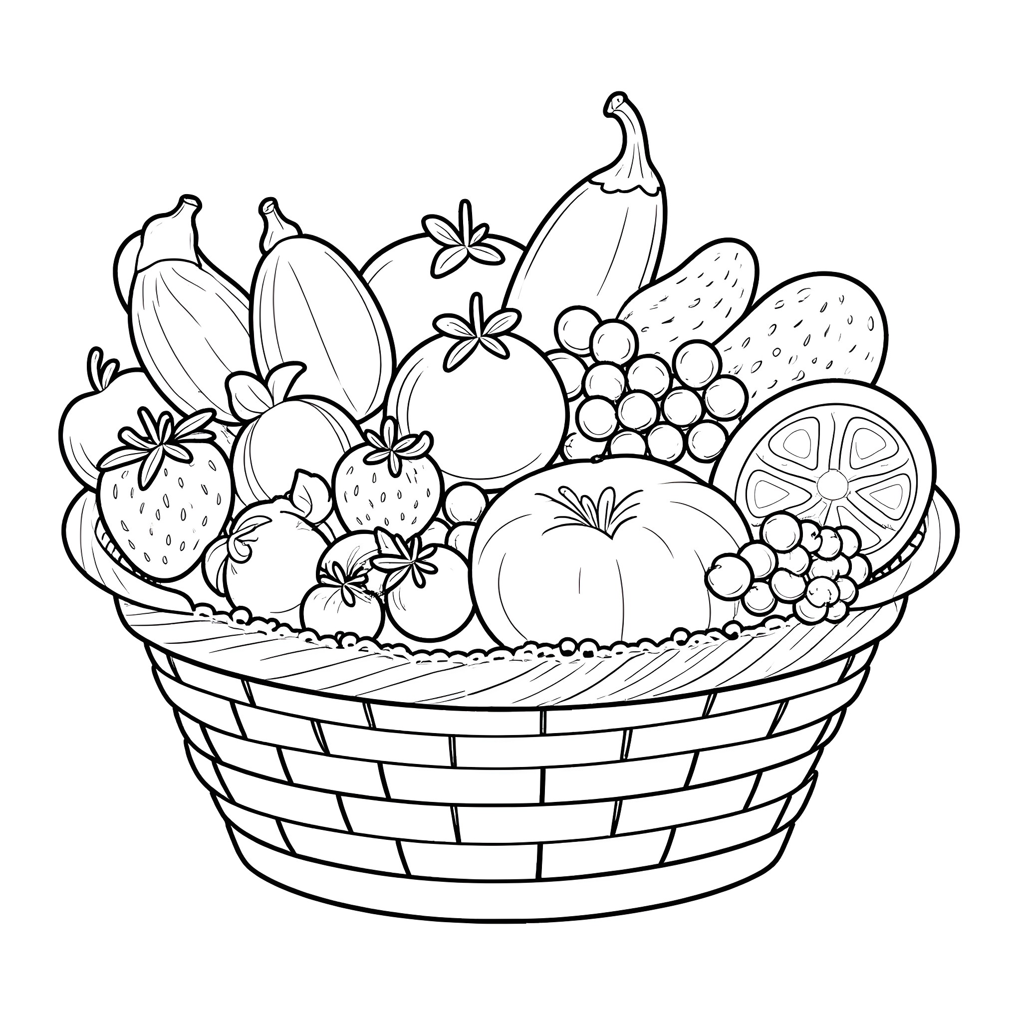 Fruit Basket with Various Produce Coloring Page (free black-and-white line drawing printable PDF for all, from beginners to advanced learners, including children, teens, adults, and seniors)