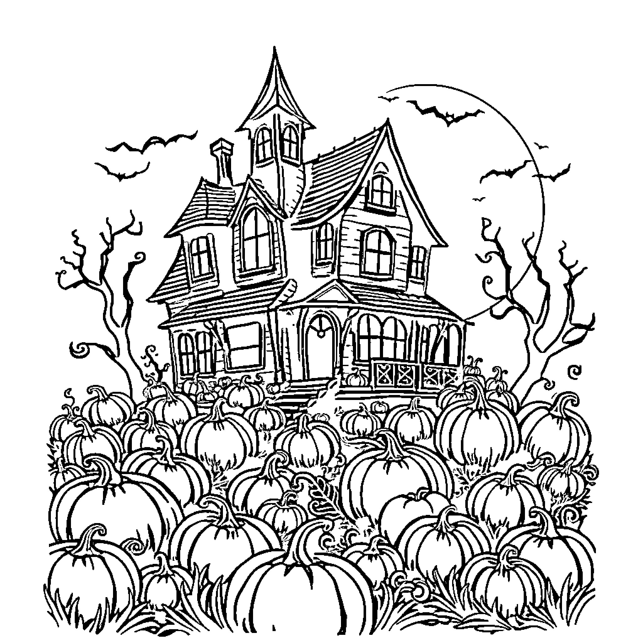 Haunted House with Pumpkin Patch and Bats Coloring Page (free black-and-white line drawing printable PDF for all, from beginners to advanced learners, including children, teens, adults, and seniors)