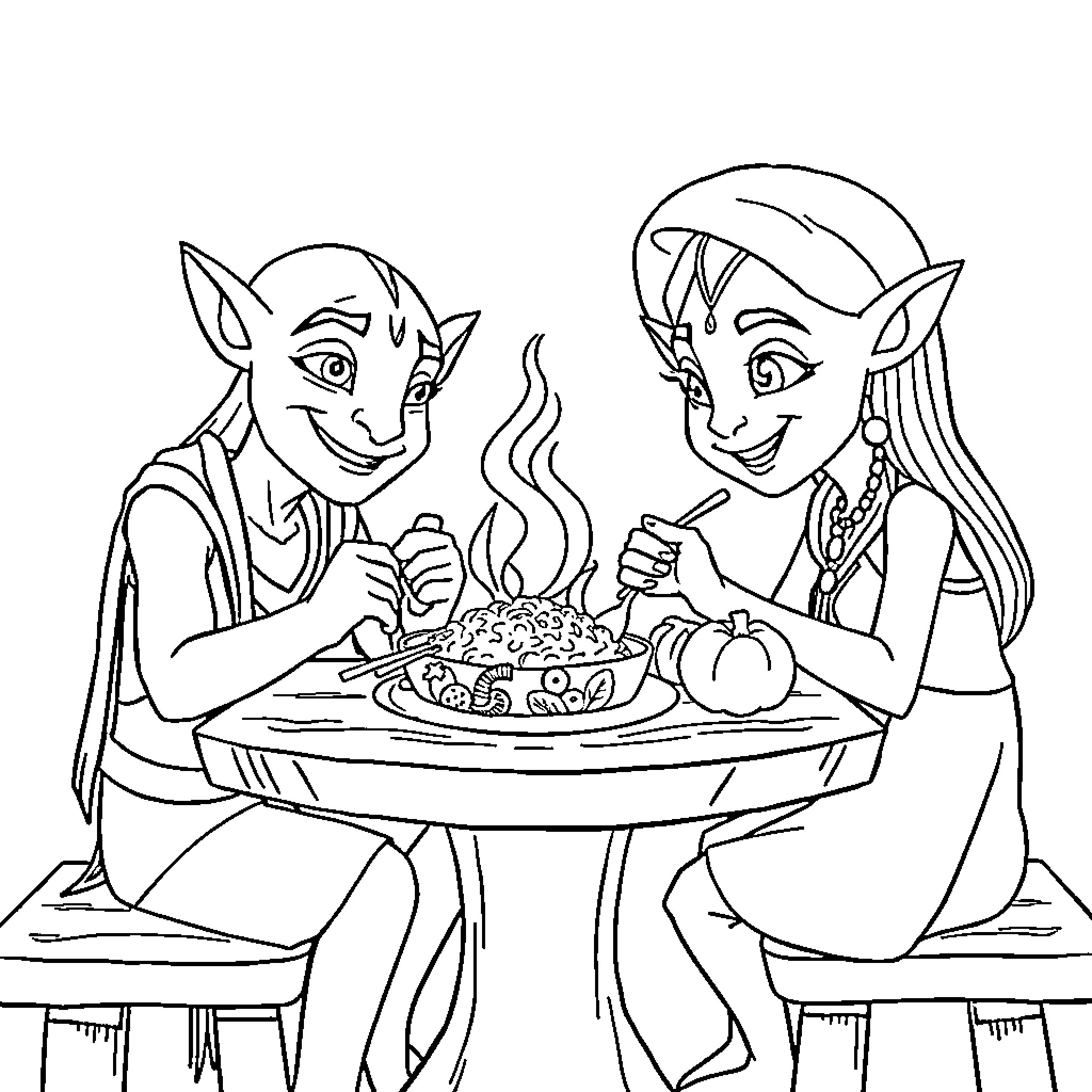 Avatar Elves Sharing a Festive Meal Coloring Page (free black-and-white line drawing printable PDF for all, from beginners to advanced learners, including children, teens, adults, and seniors)