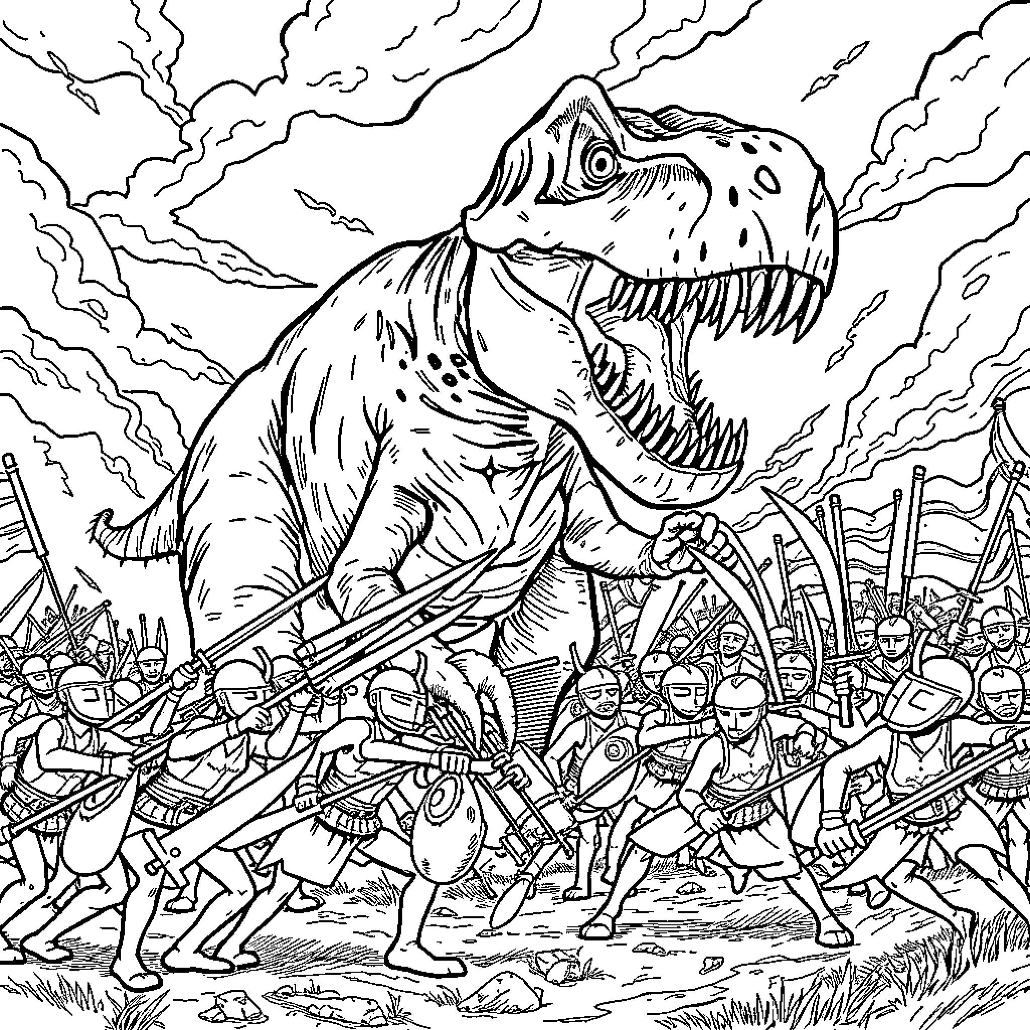 T-Rex Terrorizing Armies with Mighty Roar Coloring Page (free black-and-white line drawing printable PDF for all, from beginners to advanced learners, including children, teens, adults, and seniors)