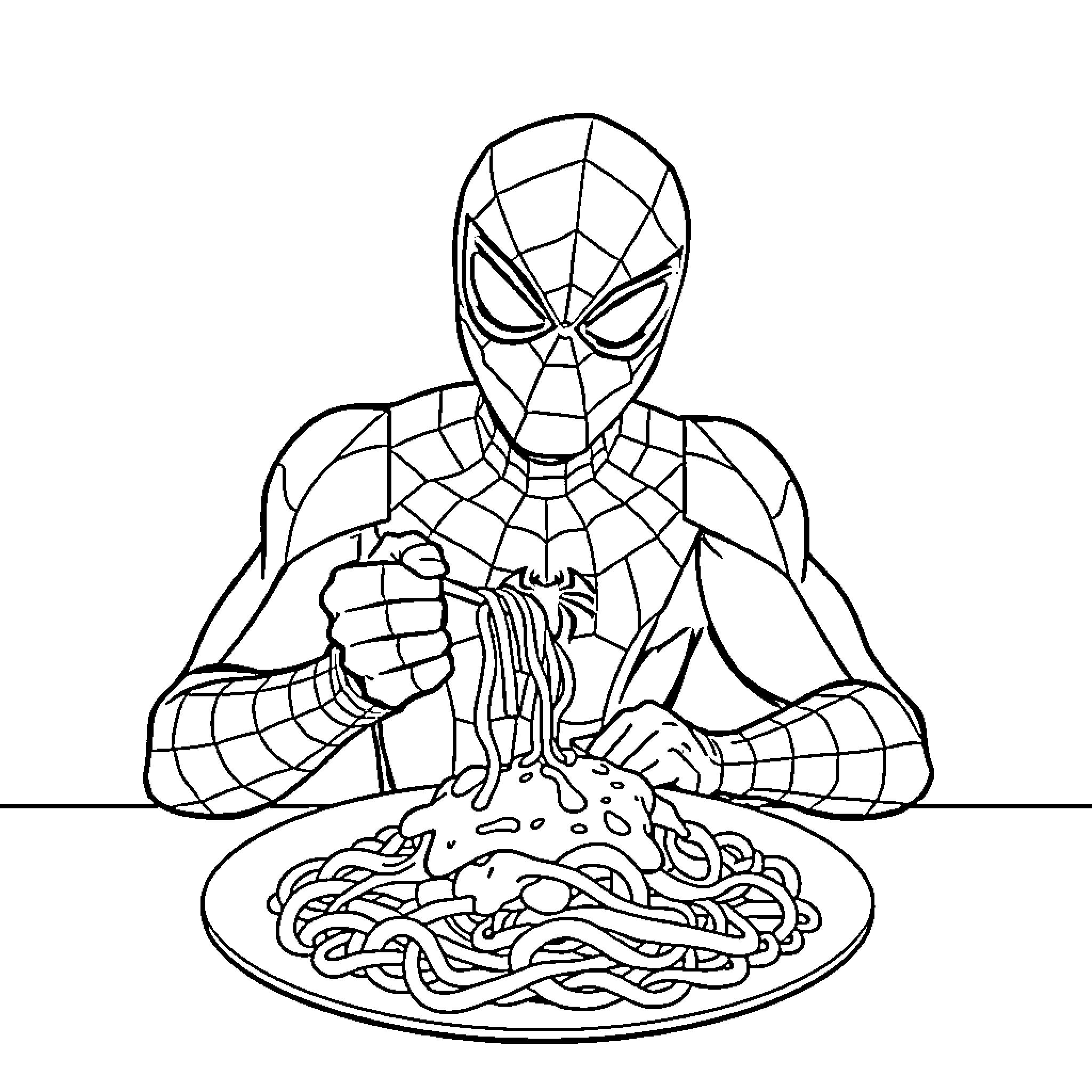 Spiderman eating spaghetti with determination Coloring Page (free black-and-white line drawing printable PDF for all, from beginners to advanced learners, including children, teens, adults, and seniors)