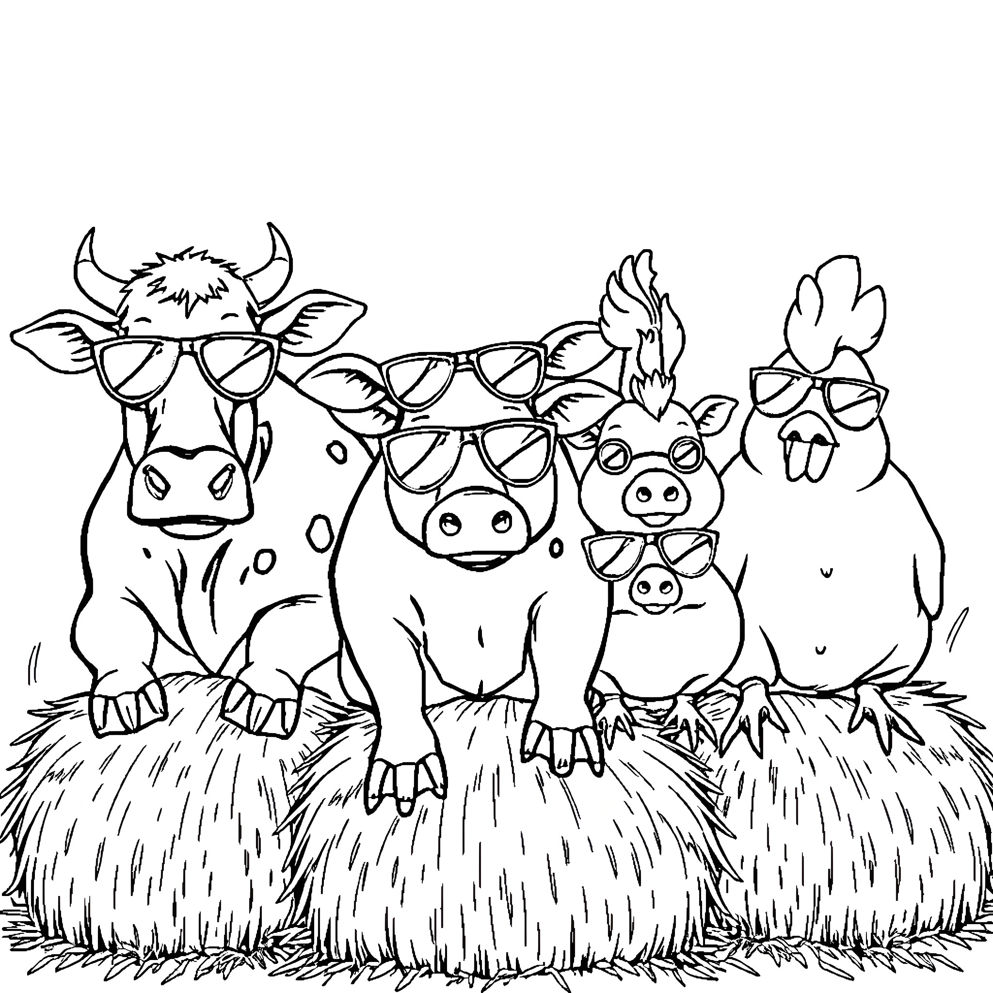 Farm Animals Wearing Sunglasses in a Hay Field Coloring Page (free black-and-white line drawing printable PDF for all, from beginners to advanced learners, including children, teens, adults, and seniors)