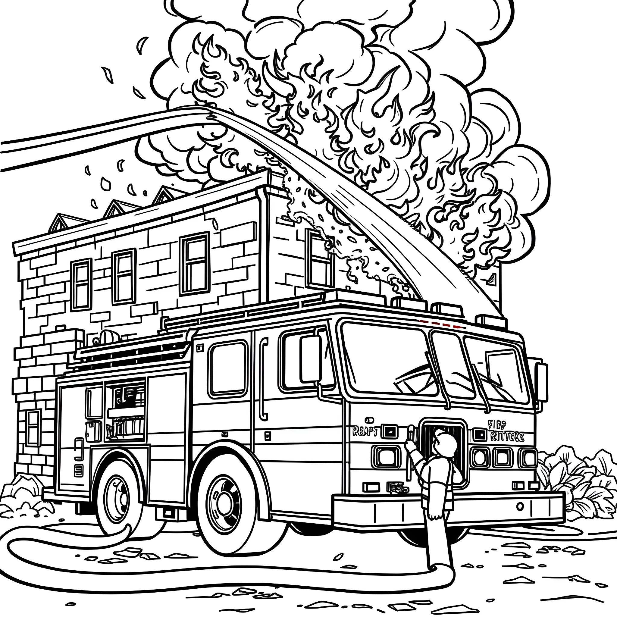 Fire Truck Responding to a Burning Building Coloring Page (free black-and-white line drawing printable PDF for all, from beginners to advanced learners, including children, teens, adults, and seniors)