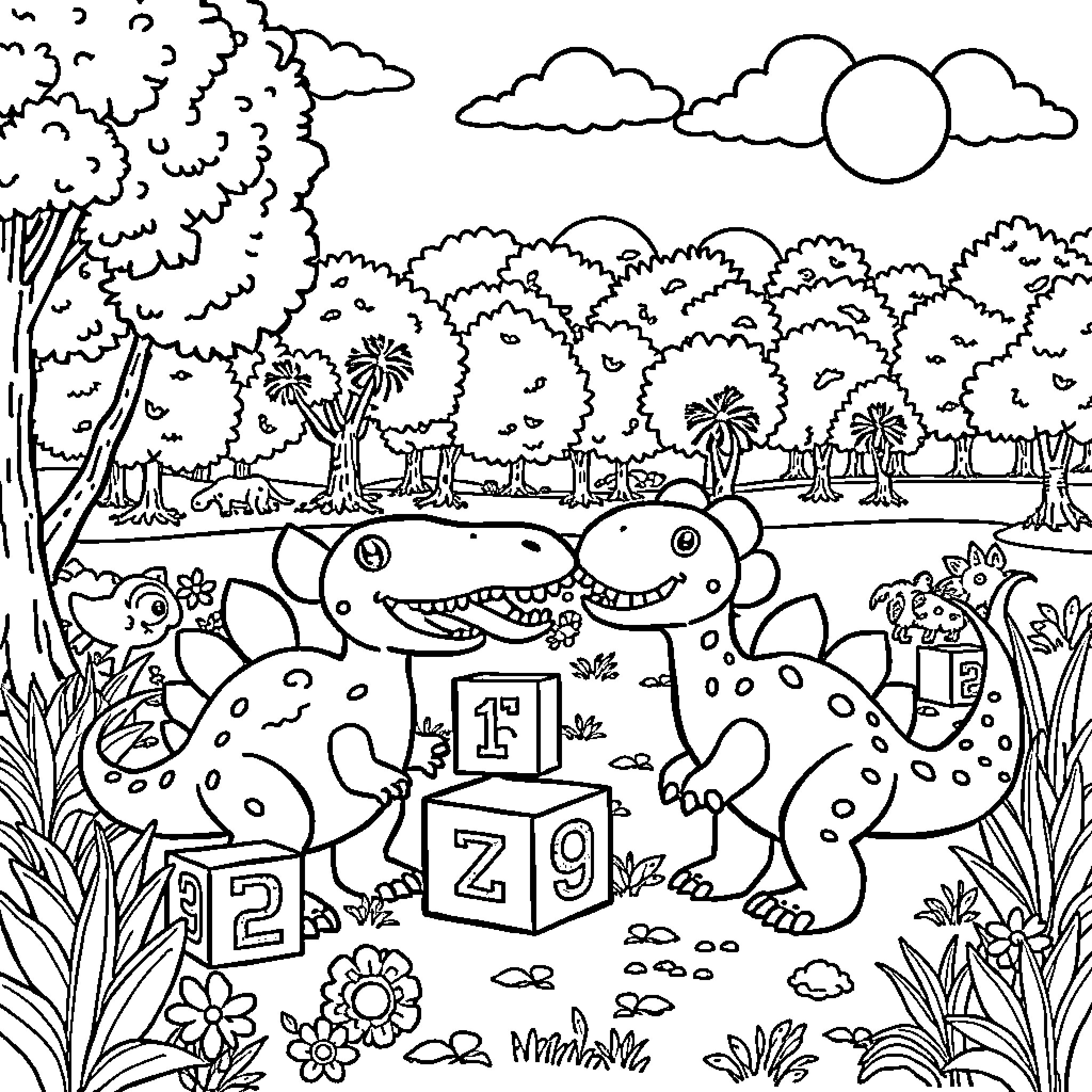 Dinosaur friends playing with alphabet blocks in the park Coloring Page (free black-and-white line drawing printable PDF for all, from beginners to advanced learners, including children, teens, adults, and seniors)