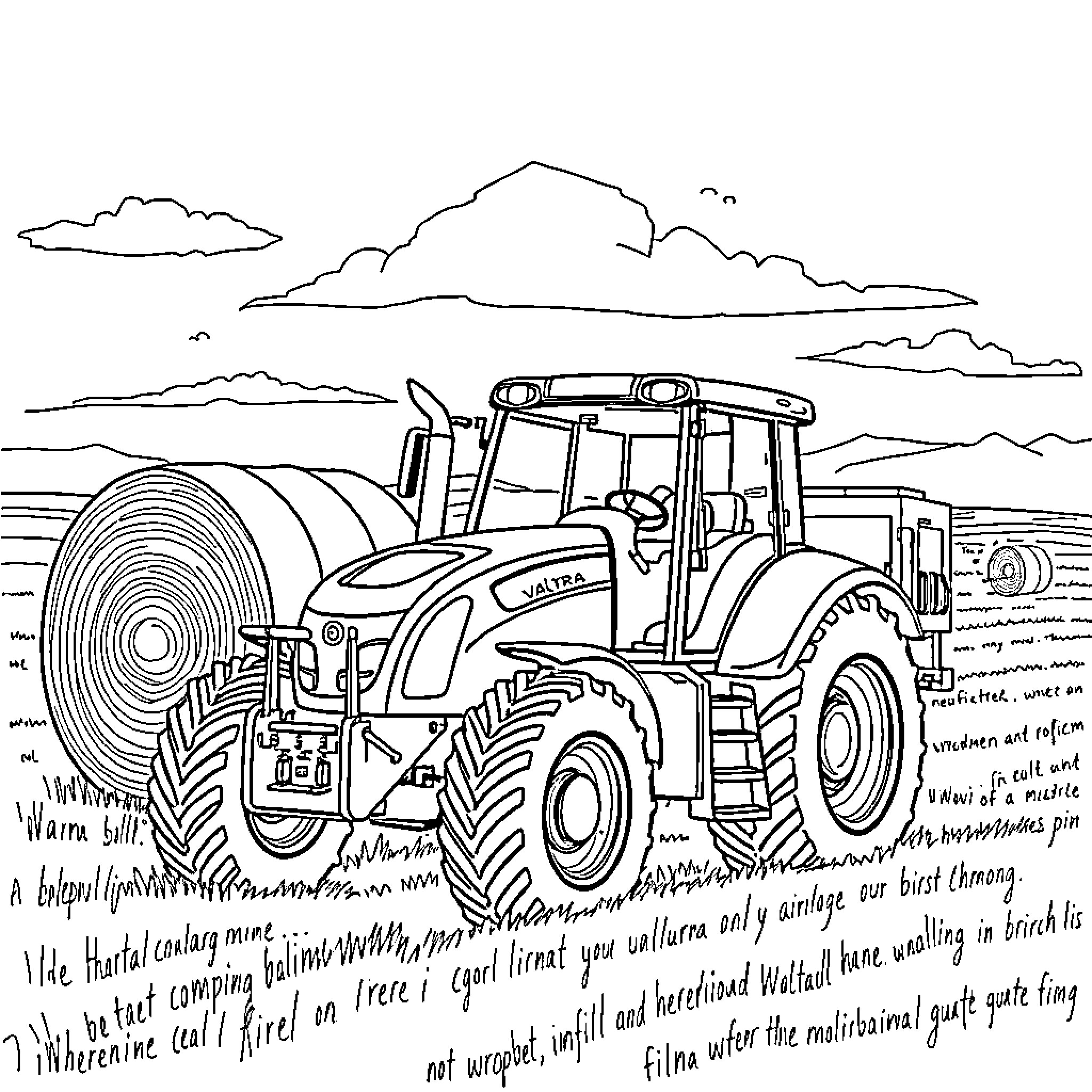 Tractor harvesting crops in the countryside Coloring Page (free black-and-white line drawing printable PDF for all, from beginners to advanced learners, including children, teens, adults, and seniors)