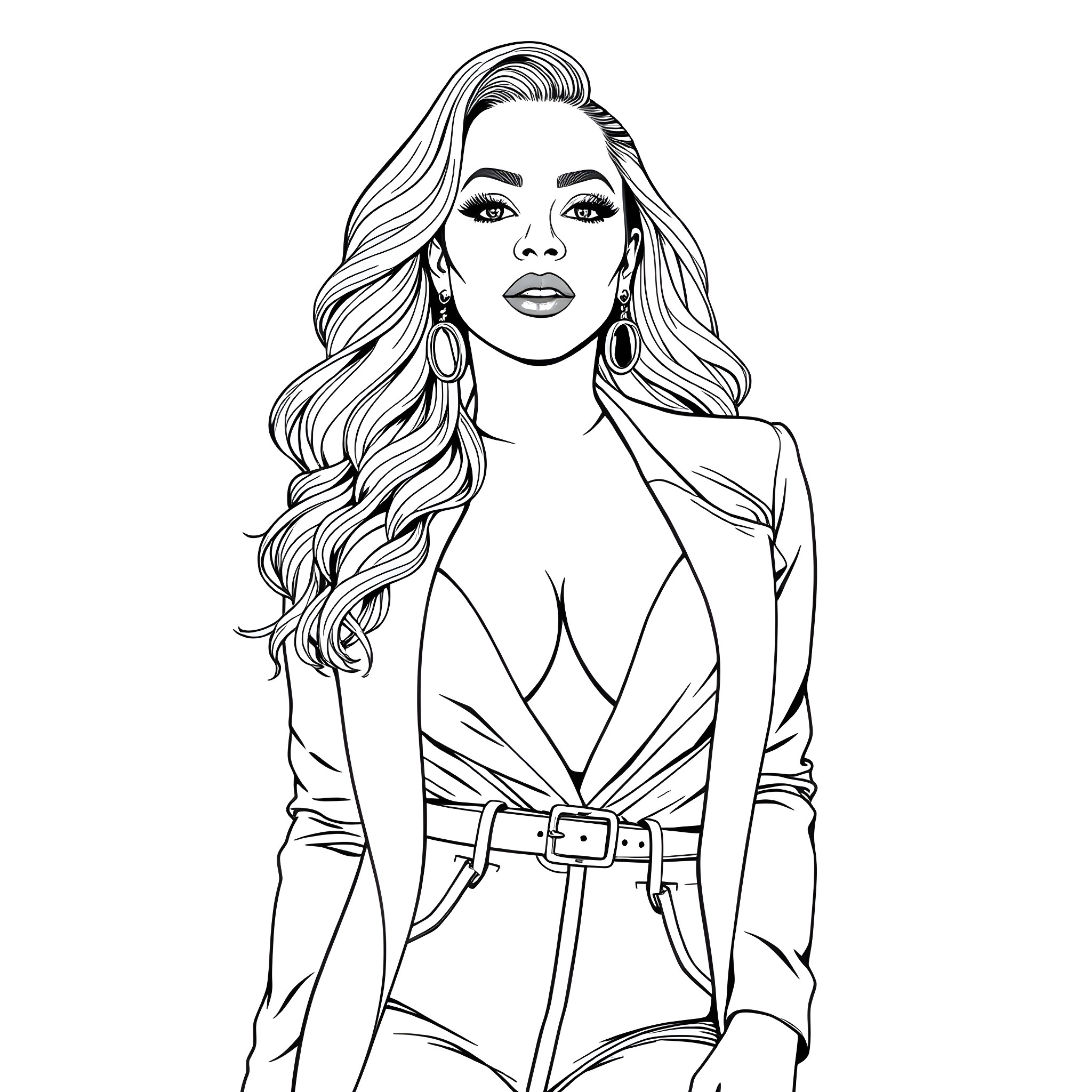 Mariah Carey in a stylish outfit with flowing hair Coloring Page (free black-and-white line drawing printable PDF for all, from beginners to advanced learners, including children, teens, adults, and seniors)
