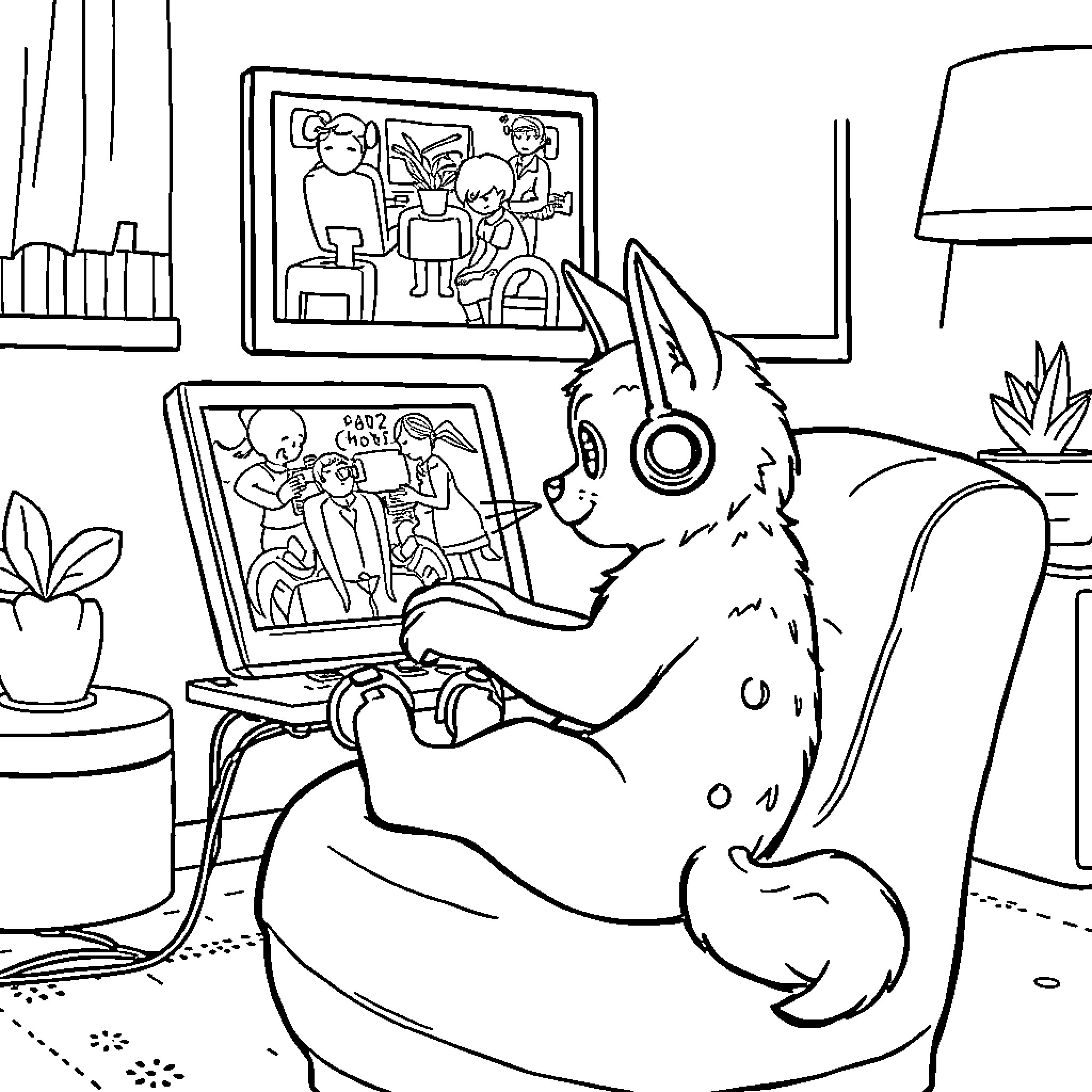 Rumi's virtual hangout in the cozy living space Coloring Page (free black-and-white line drawing printable PDF for all, from beginners to advanced learners, including children, teens, adults, and seniors)