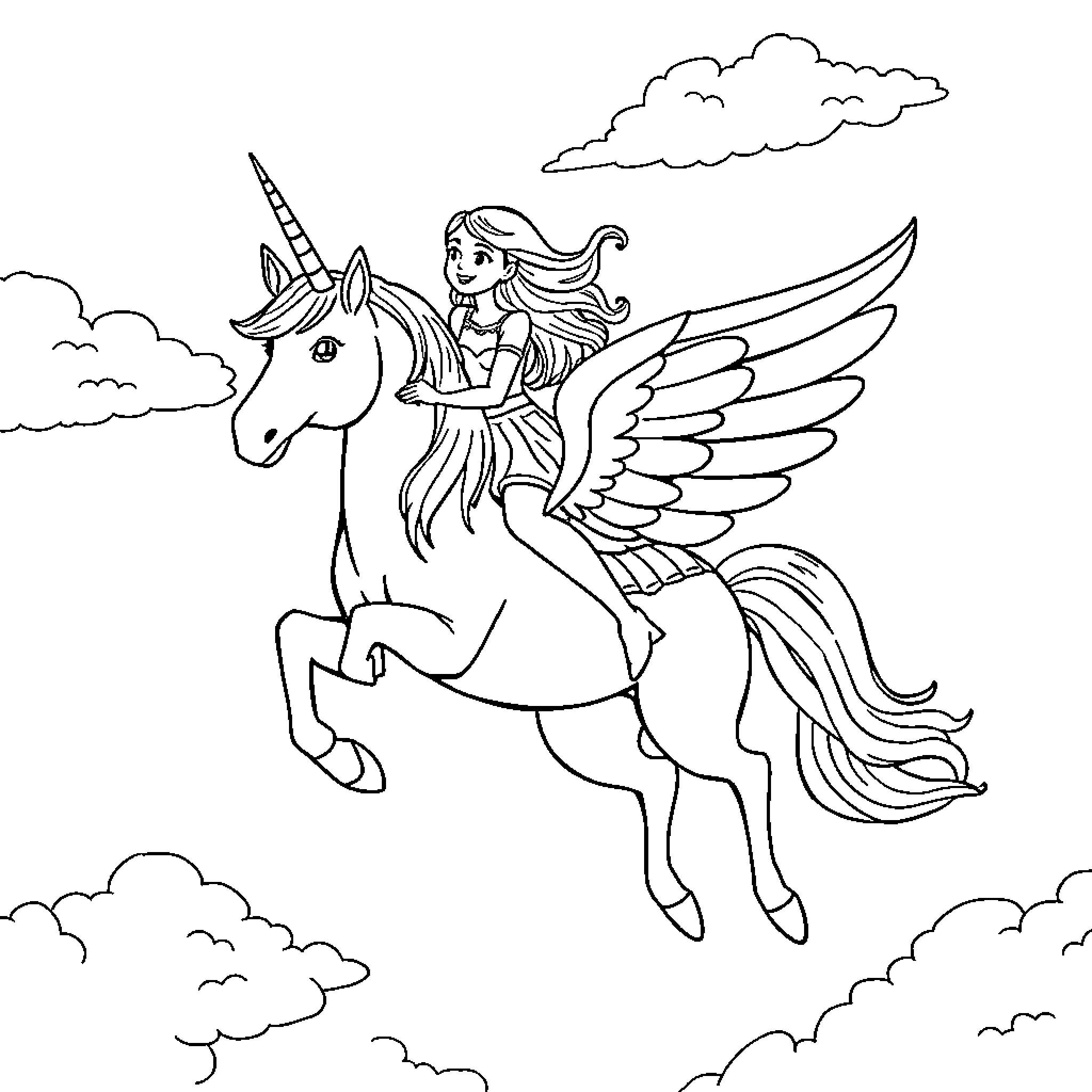 Unicorn flying with a winged maiden Coloring Page (free black-and-white line drawing printable PDF for all, from beginners to advanced learners, including children, teens, adults, and seniors)