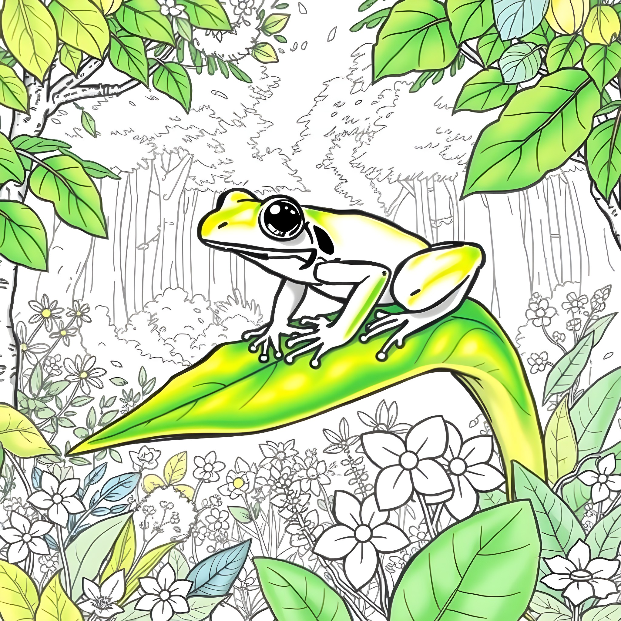 Frog sitting on a leaf in the forest Coloring Page (free black-and-white line drawing printable PDF for all, from beginners to advanced learners, including children, teens, adults, and seniors)