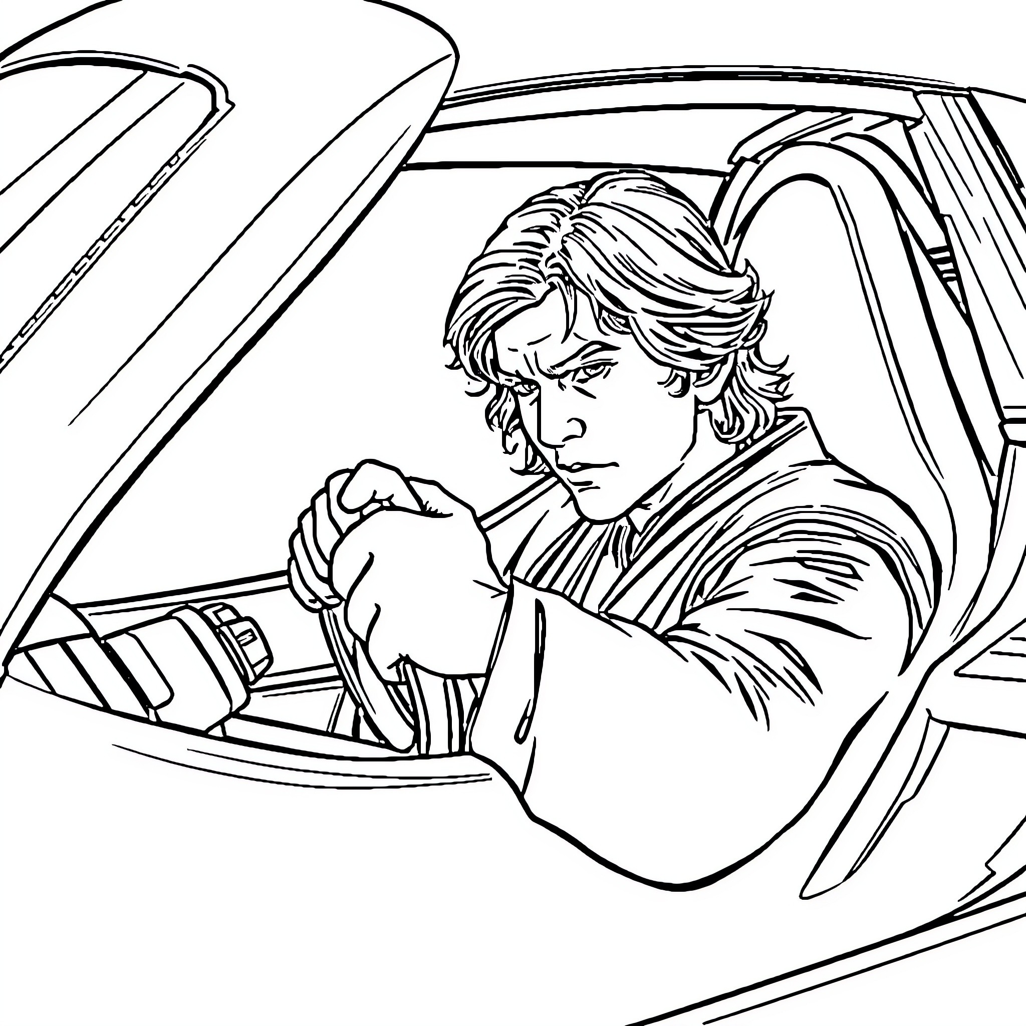 Anakin Skywalker piloting a starship Coloring Page (free black-and-white line drawing printable PDF for all, from beginners to advanced learners, including children, teens, adults, and seniors)