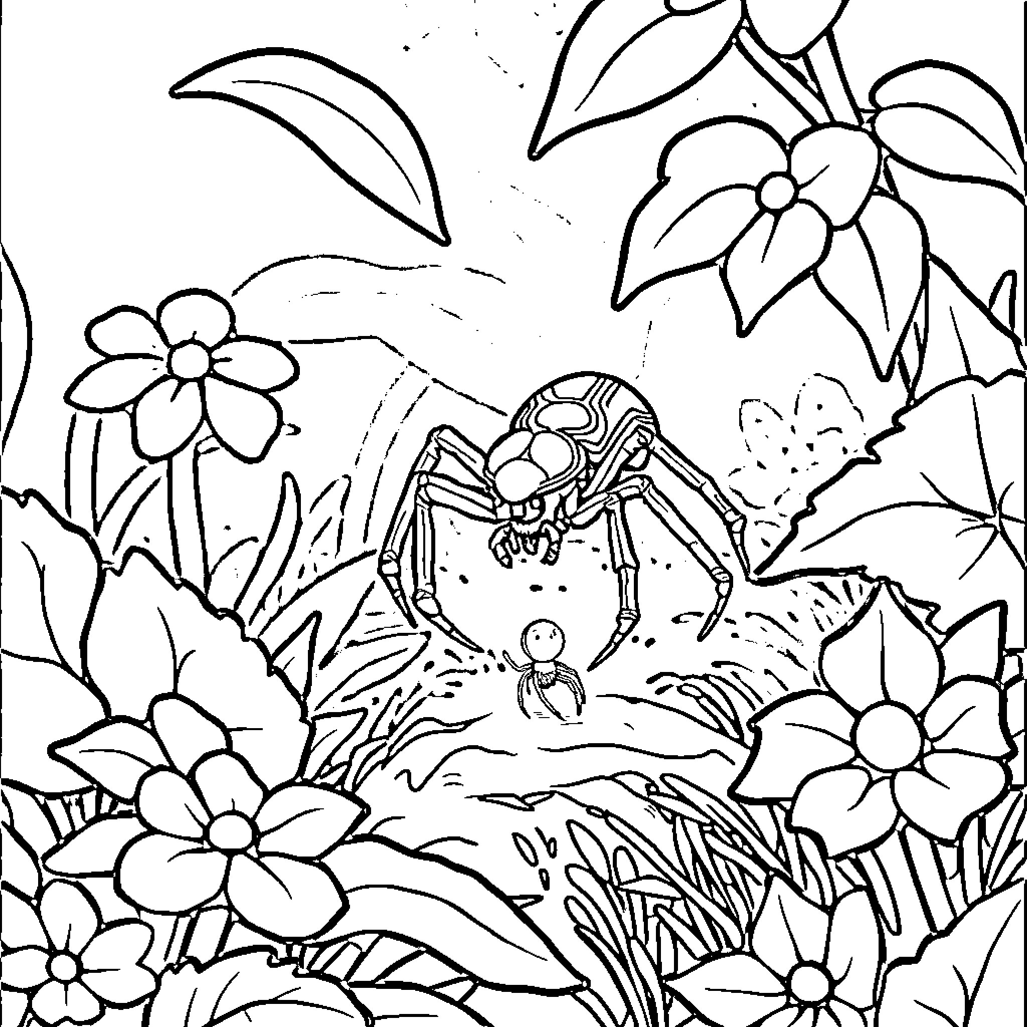 Spider scaring a person in a flower garden Coloring Page (free black-and-white line drawing printable PDF for all, from beginners to advanced learners, including children, teens, adults, and seniors)