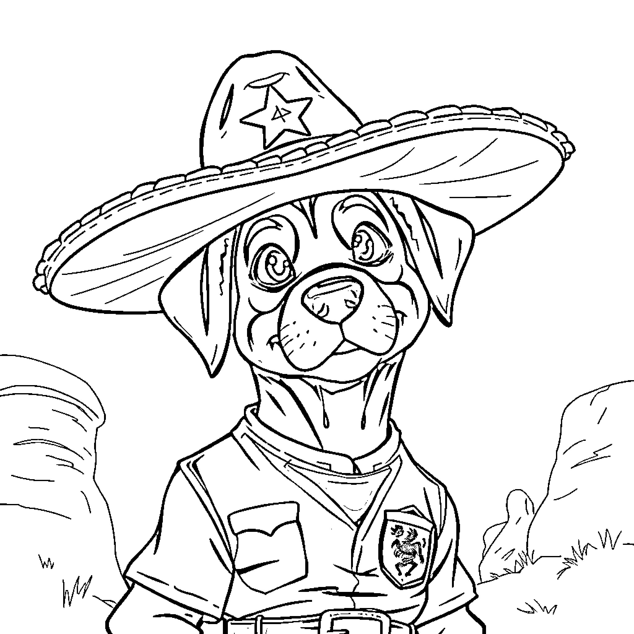 Sheriff Labrador dog in uniform and hat Coloring Page (free black-and-white line drawing printable PDF for all, from beginners to advanced learners, including children, teens, adults, and seniors)
