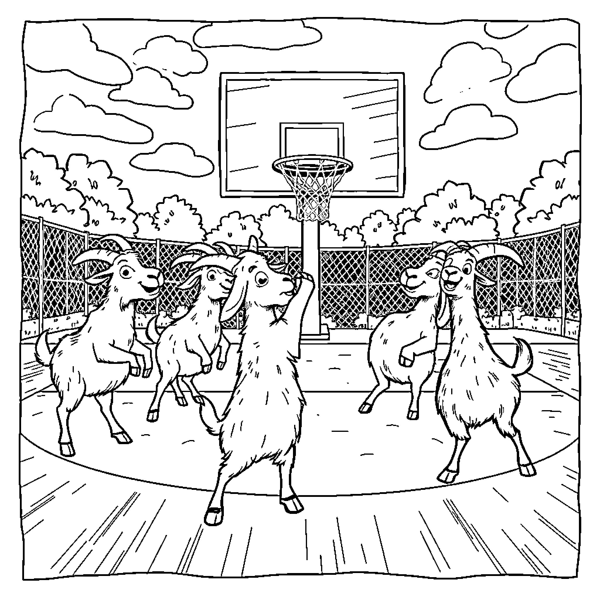 Goats playing basketball on a court Coloring Page (free black-and-white line drawing printable PDF for all, from beginners to advanced learners, including children, teens, adults, and seniors)