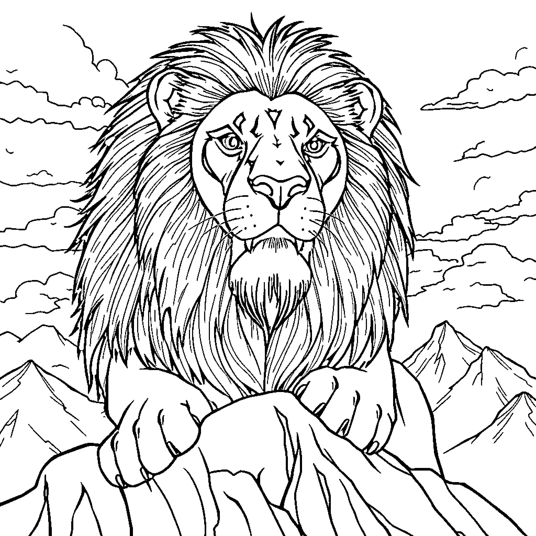 Lion Resting Majestically in the Mountains Coloring Page (free black-and-white line drawing printable PDF for all, from beginners to advanced learners, including children, teens, adults, and seniors)