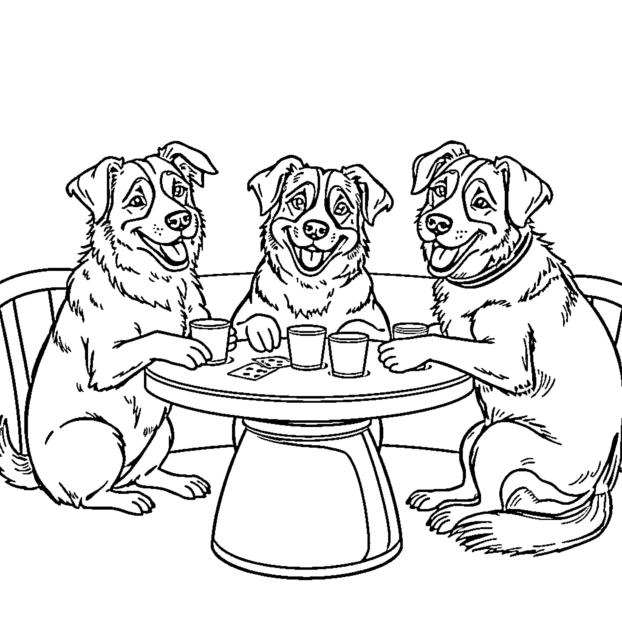 Dog Friends Enjoying Drinks Together Coloring Page (free black-and-white line drawing printable PDF for all, from beginners to advanced learners, including children, teens, adults, and seniors)