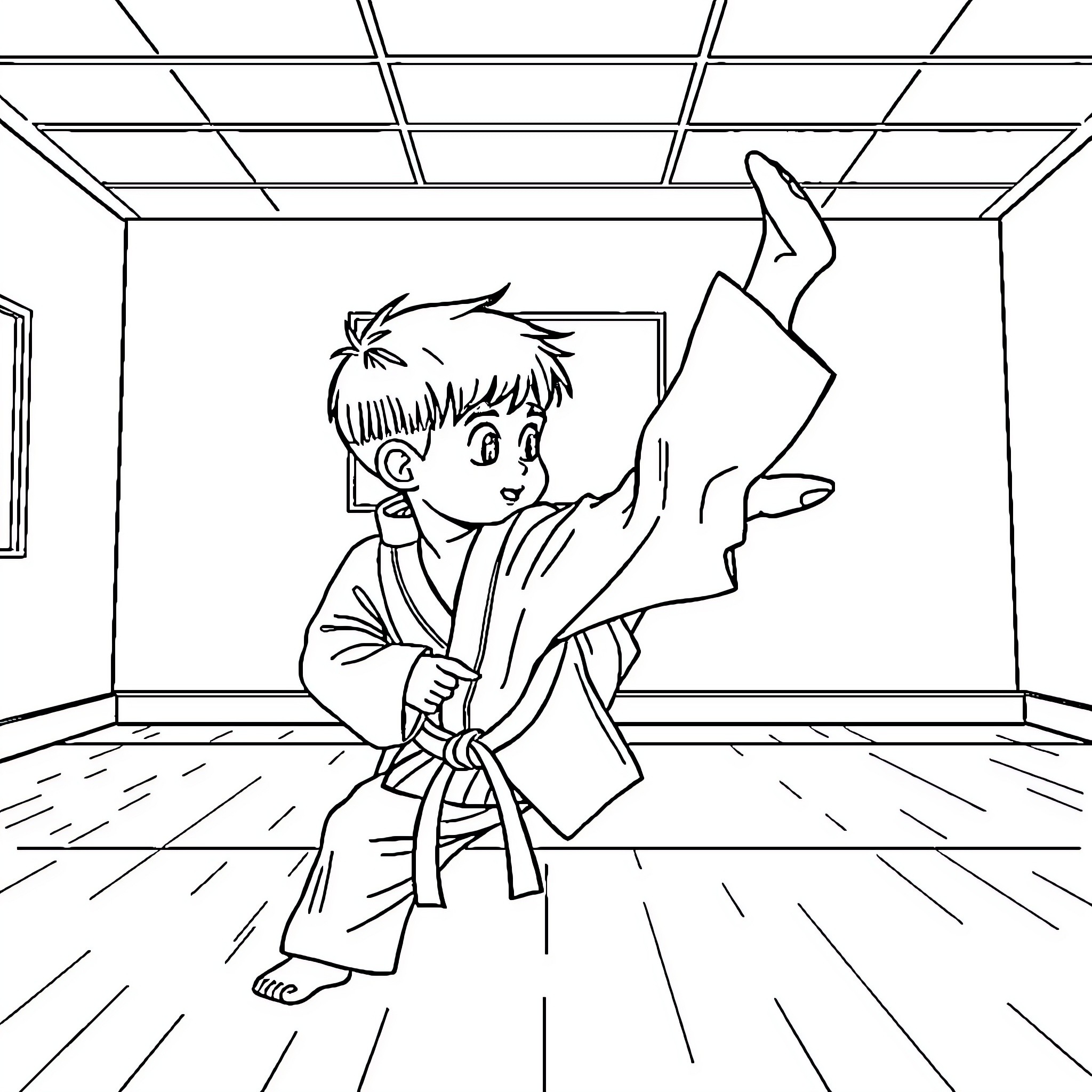 Taekwondo Kid Performing Martial Arts Moves in Dojo Coloring Page (free black-and-white line drawing printable PDF for all, from beginners to advanced learners, including children, teens, adults, and seniors)