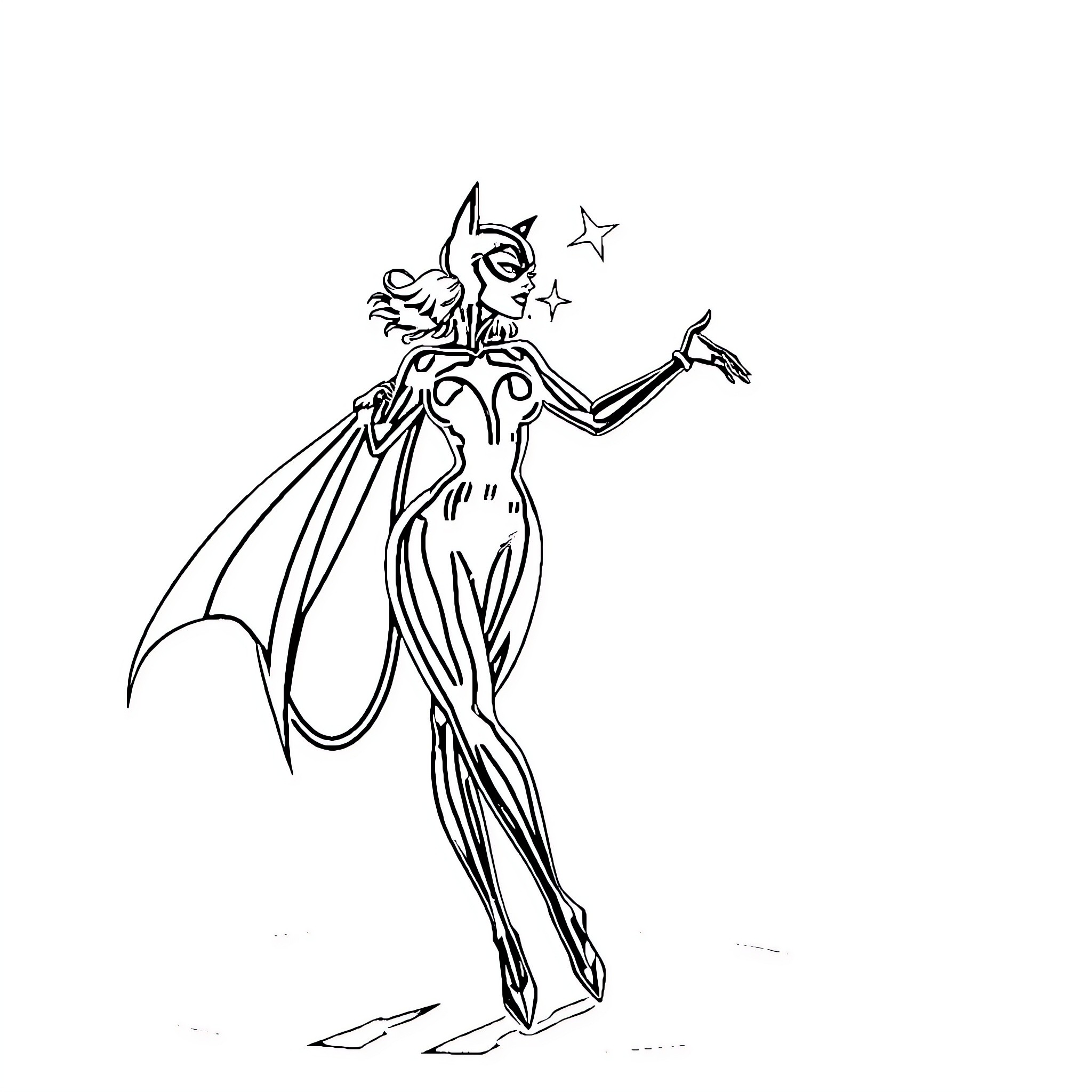 Catwoman Casting Magical Spells Coloring Page (free black-and-white line drawing printable PDF for all, from beginners to advanced learners, including children, teens, adults, and seniors)