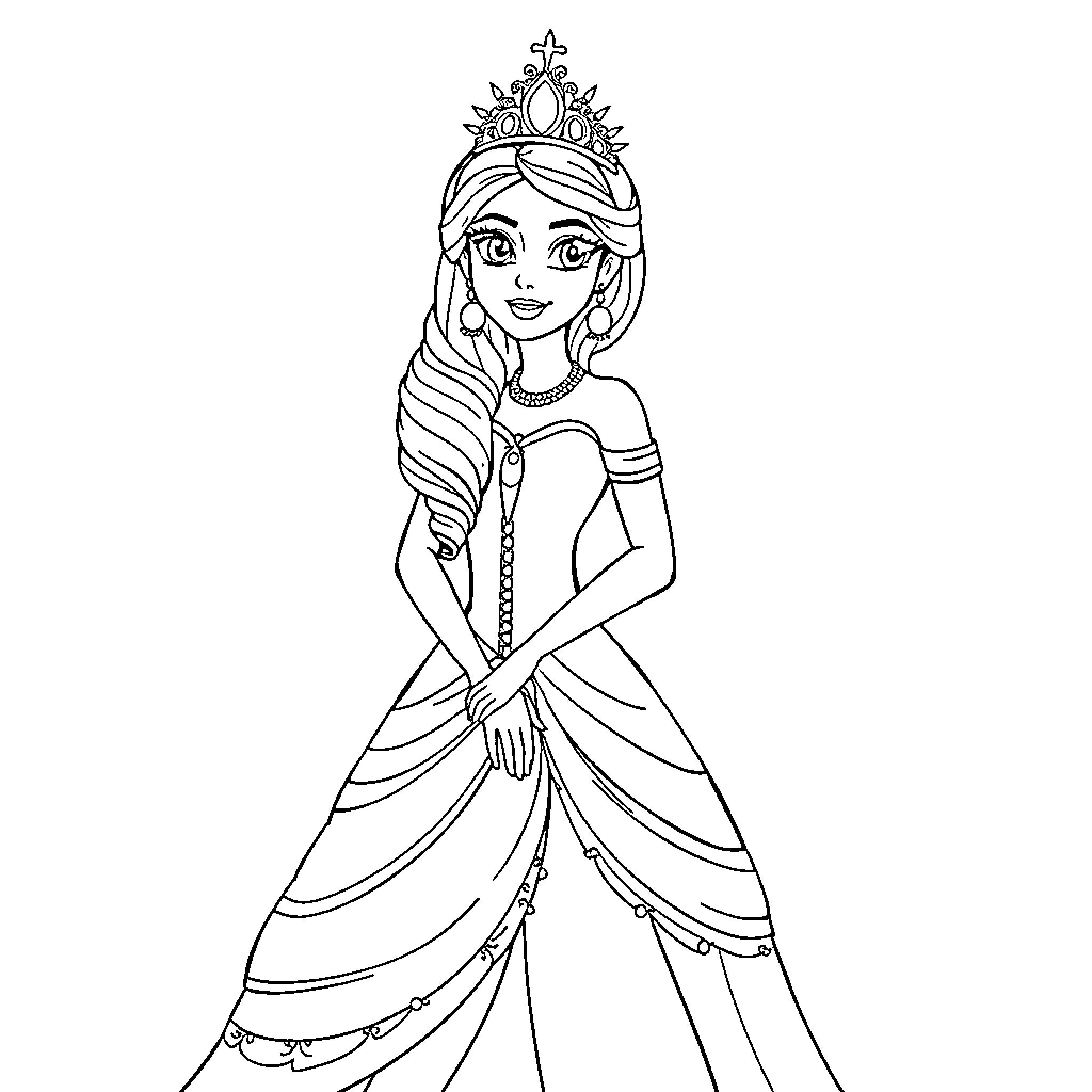 Princess in Elegant Gown and Crown Coloring Page (free black-and-white line drawing printable PDF for all, from beginners to advanced learners, including children, teens, adults, and seniors)