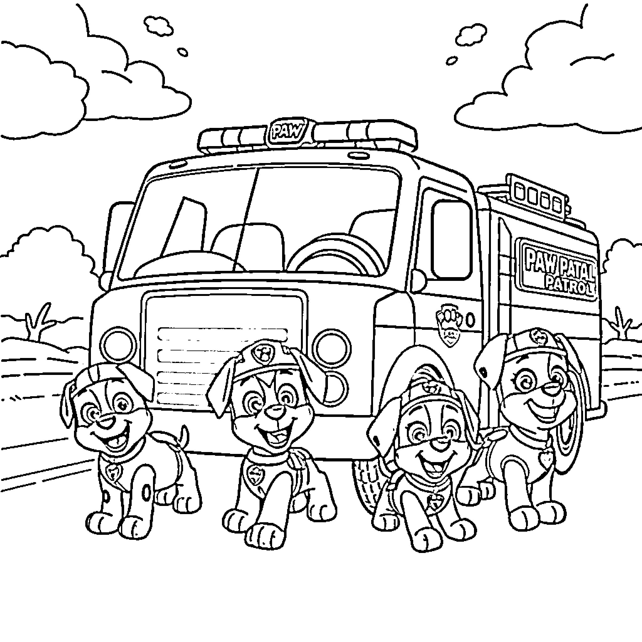 Paw Patrol characters riding in a rescue vehicle Coloring Page (free black-and-white line drawing printable PDF for all, from beginners to advanced learners, including children, teens, adults, and seniors)