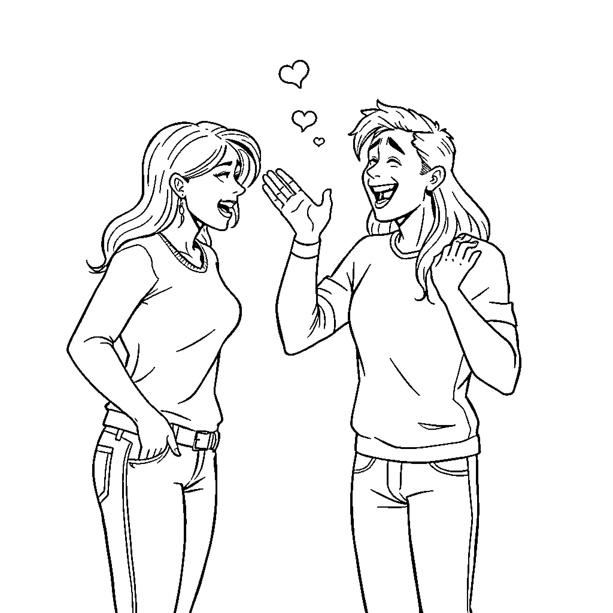 Wife's Joyful Moment with Husband Coloring Page (free black-and-white line drawing printable PDF for all, from beginners to advanced learners, including children, teens, adults, and seniors)
