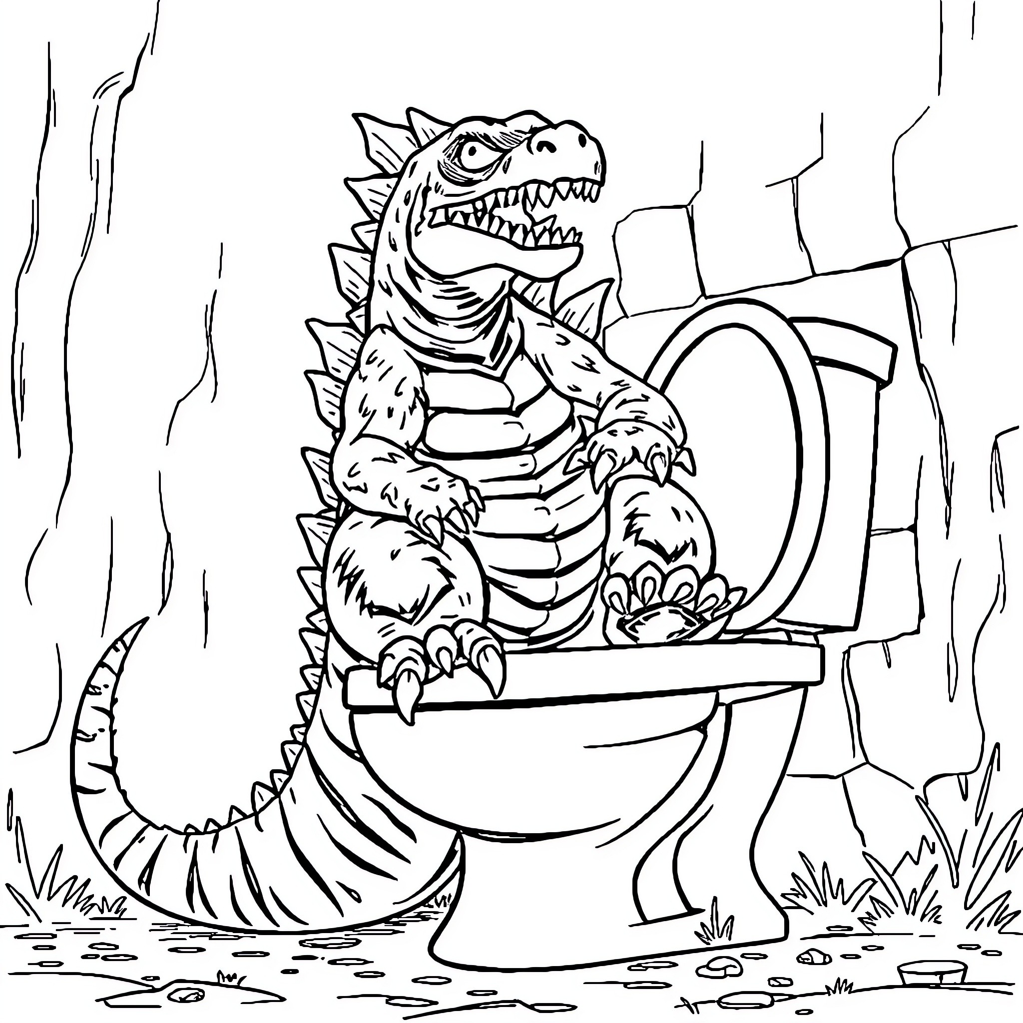 Godzilla Sitting on a Toilet in a Ruined Landscape Coloring Page (free black-and-white line drawing printable PDF for all, from beginners to advanced learners, including children, teens, adults, and seniors)