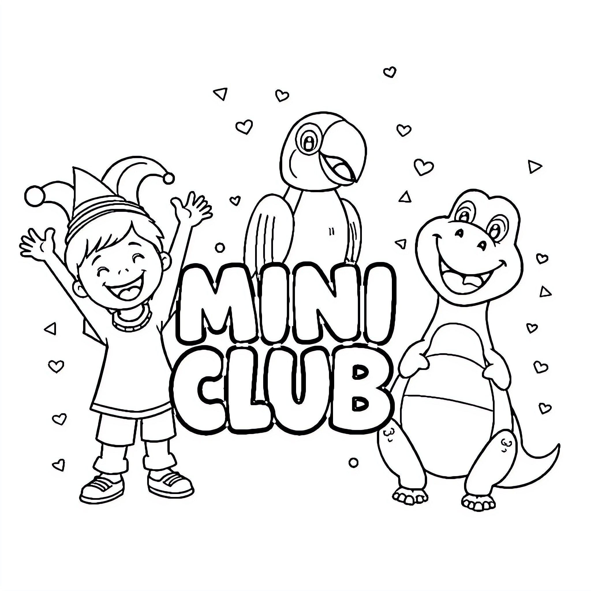 Character in a fun and friendly Mini Club Coloring Page (free black-and-white line drawing printable PDF for all, from beginners to advanced learners, including children, teens, adults, and seniors)