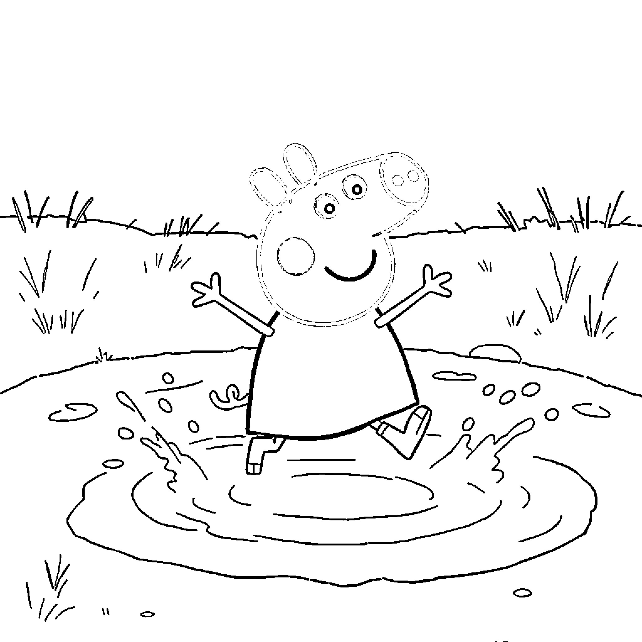 Peppa Pig playing in a puddle Coloring Page (free black-and-white line drawing printable PDF for all, from beginners to advanced learners, including children, teens, adults, and seniors)