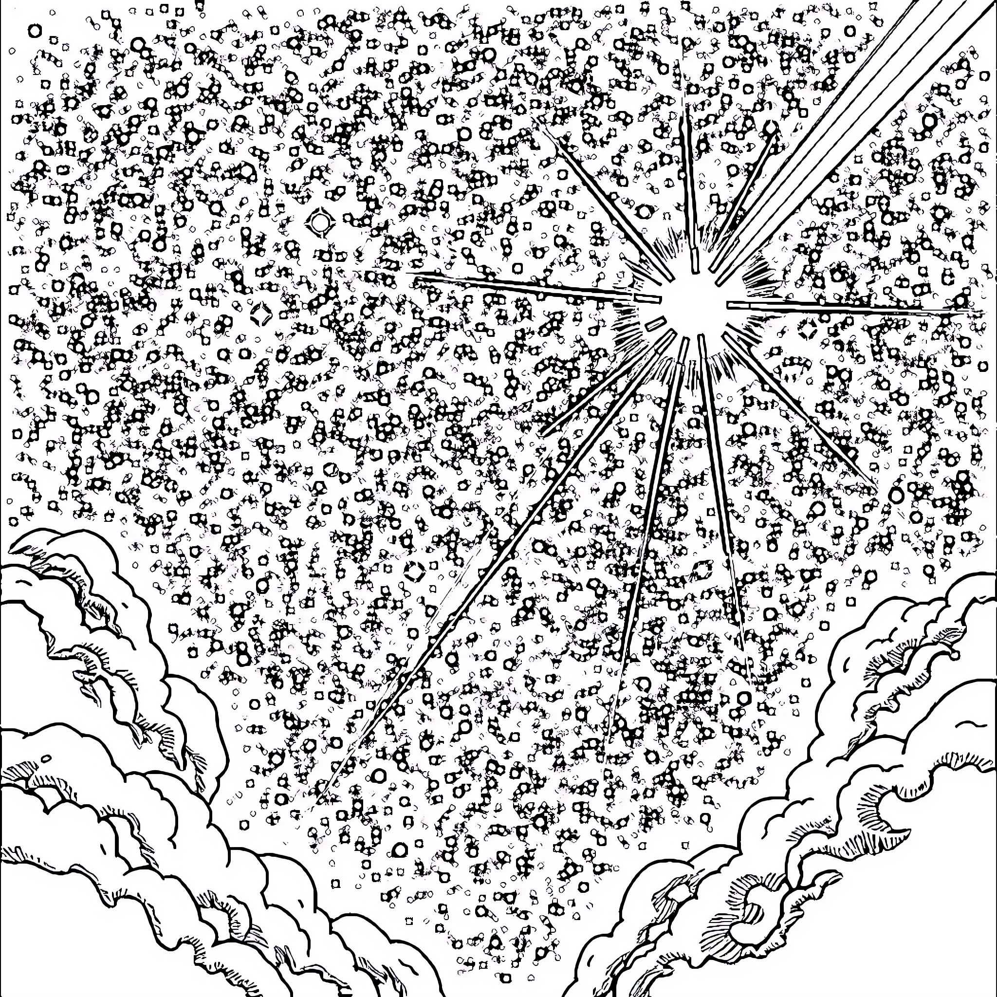 Space Filled with Celestial Wonders and Clouds Coloring Page (free black-and-white line drawing printable PDF for all, from beginners to advanced learners, including children, teens, adults, and seniors)