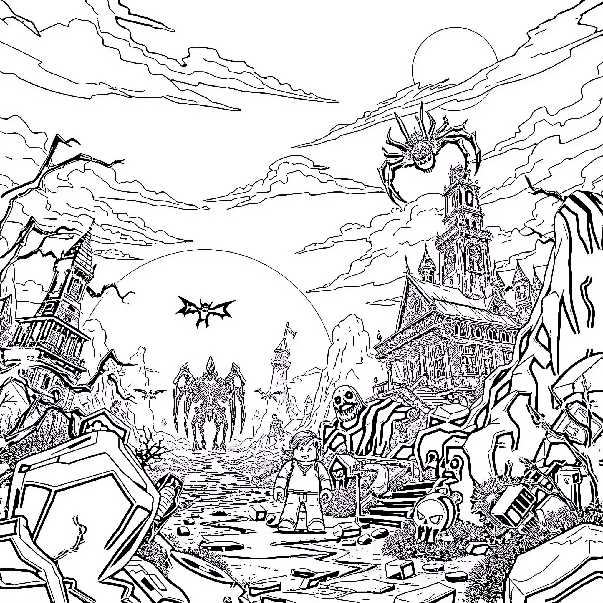 Roblox Fantastical Landscapes and Creatures Coloring Page (free black-and-white line drawing printable PDF for all, from beginners to advanced learners, including children, teens, adults, and seniors)