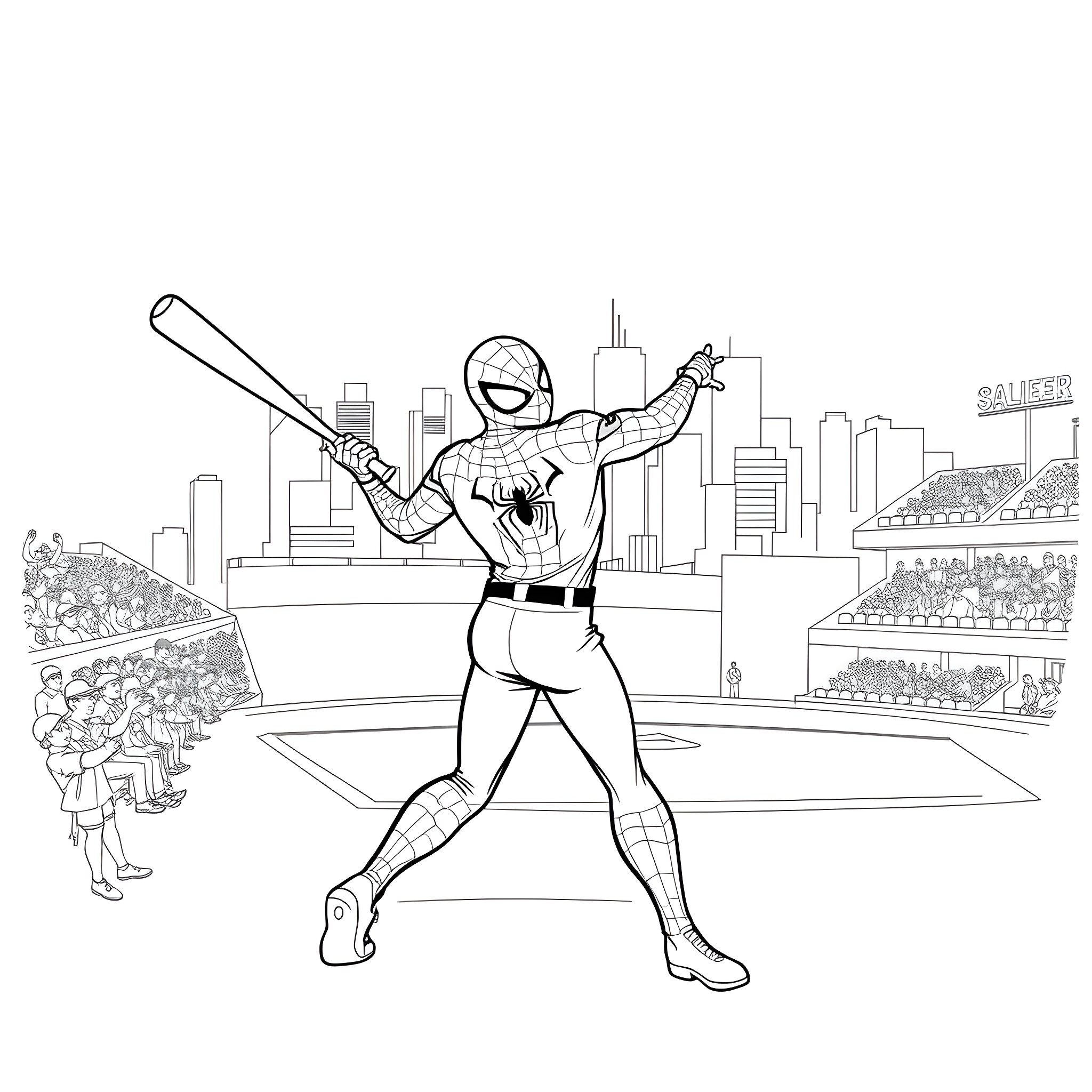 Spiderman swinging into action in the city Coloring Page (free black-and-white line drawing printable PDF for all, from beginners to advanced learners, including children, teens, adults, and seniors)